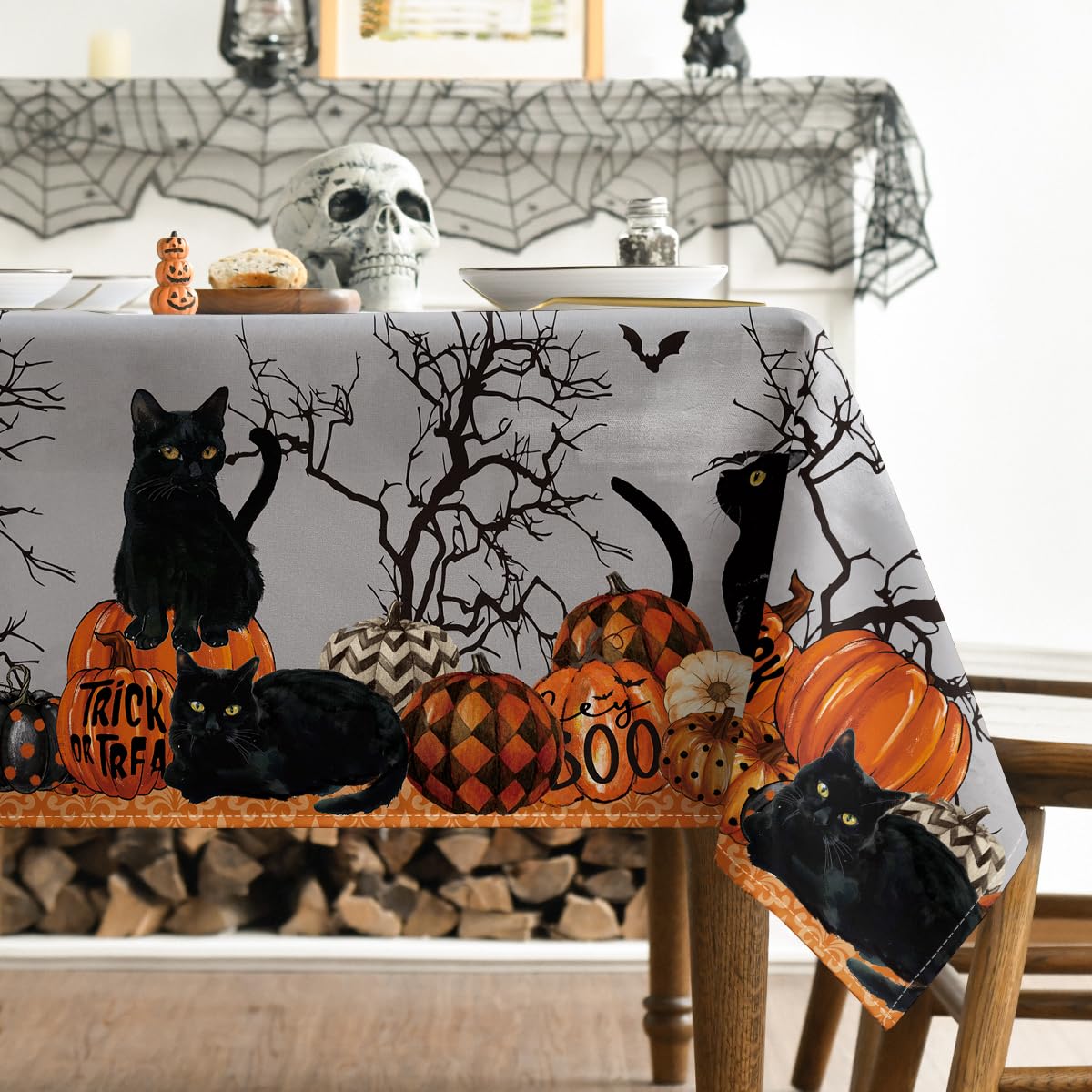 Horaldaily Halloween Tablecloth 52×70 Inch Rectangular, Buffalo Plaid Pumpkin Moon Cat Washable Table Cover for Party Picnic Dinner Decor