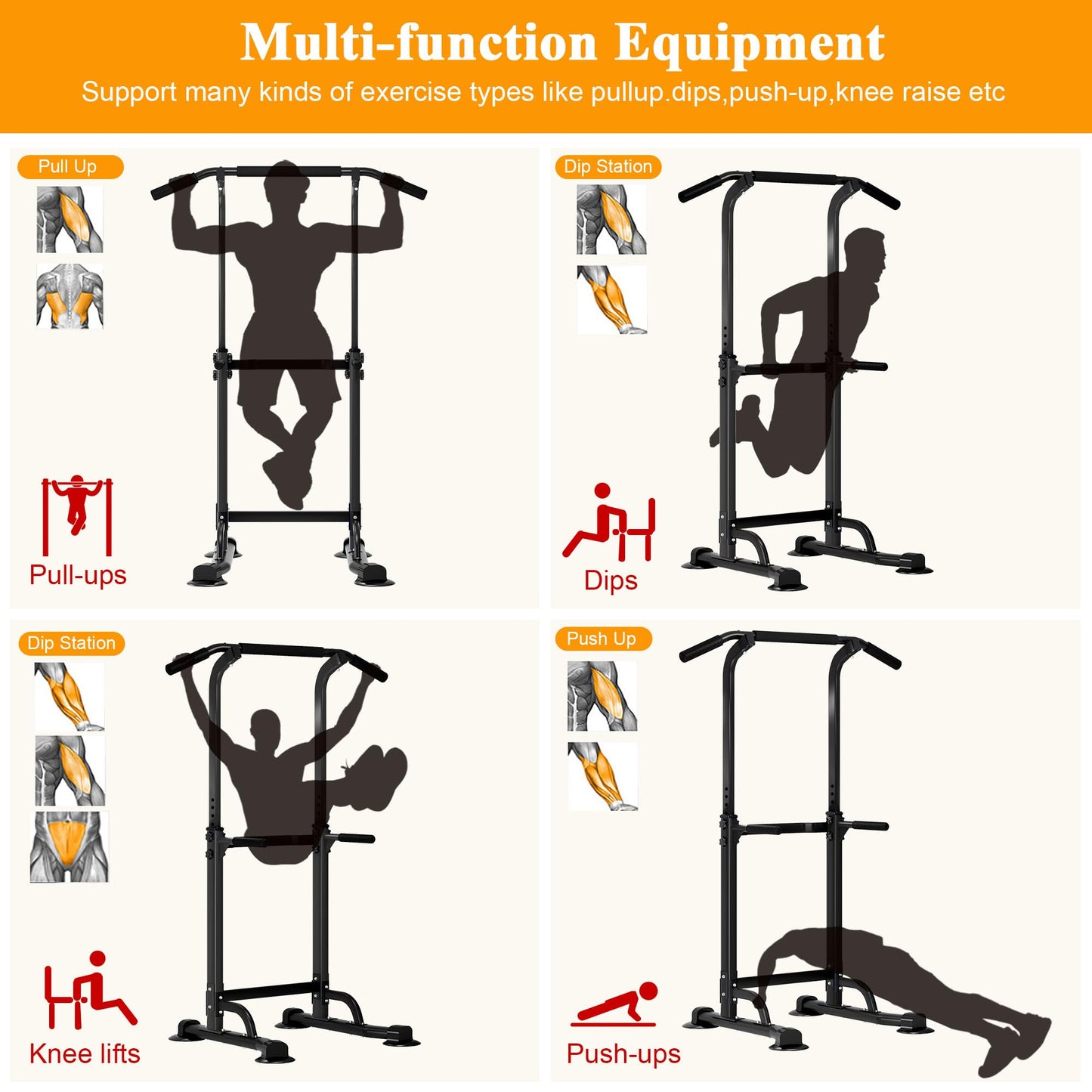 DlandHome Power Tower Pull Up Dip Station Multi-Function Fitness Equipment for Strength Training Adjustable Height Dip Stand for Home Gym, Black