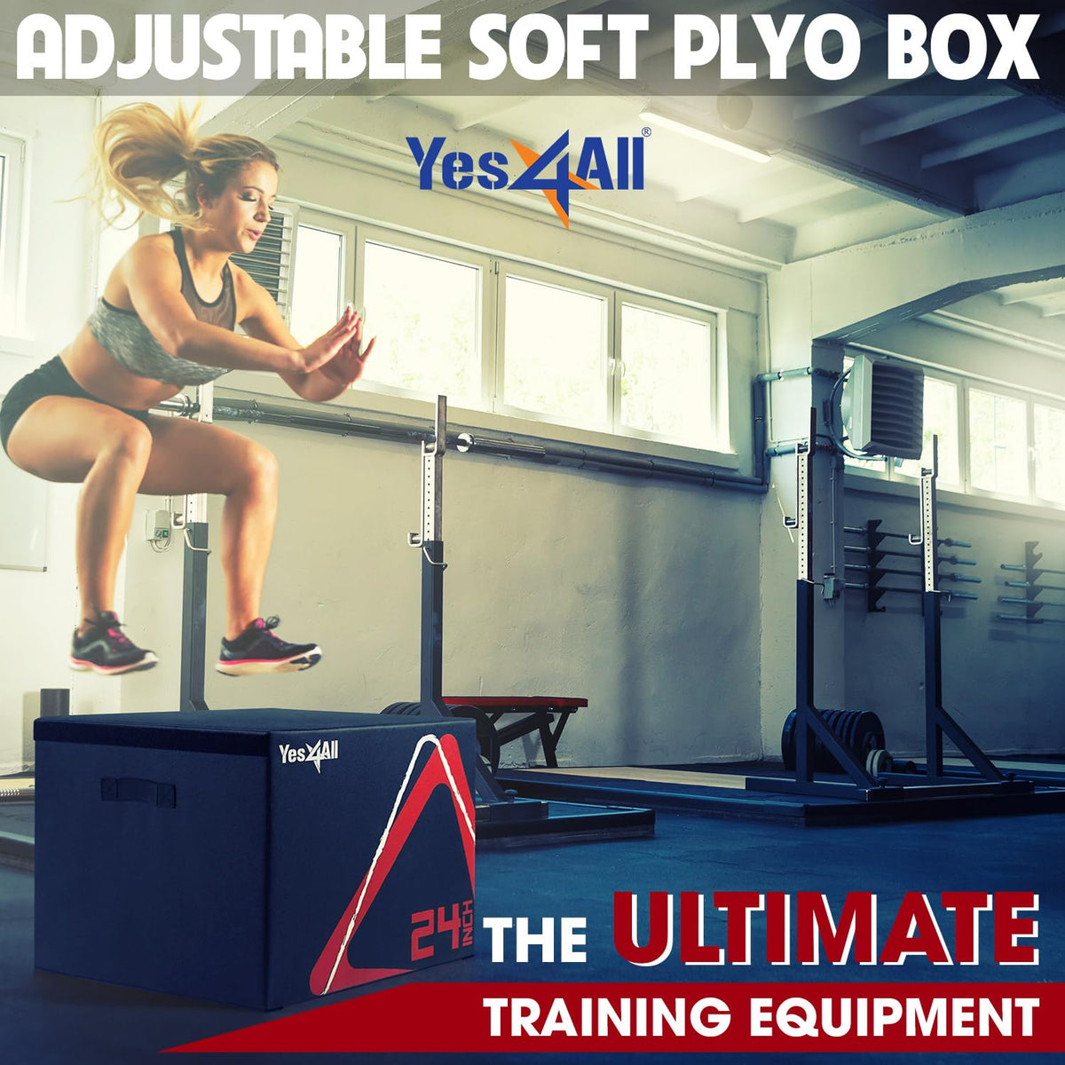 Yes4All Adjustable Soft Plyo Box, Jumping Trainer - For Plyometric Exercises and Conditioning, Multiple Height Variations, 24'', Black