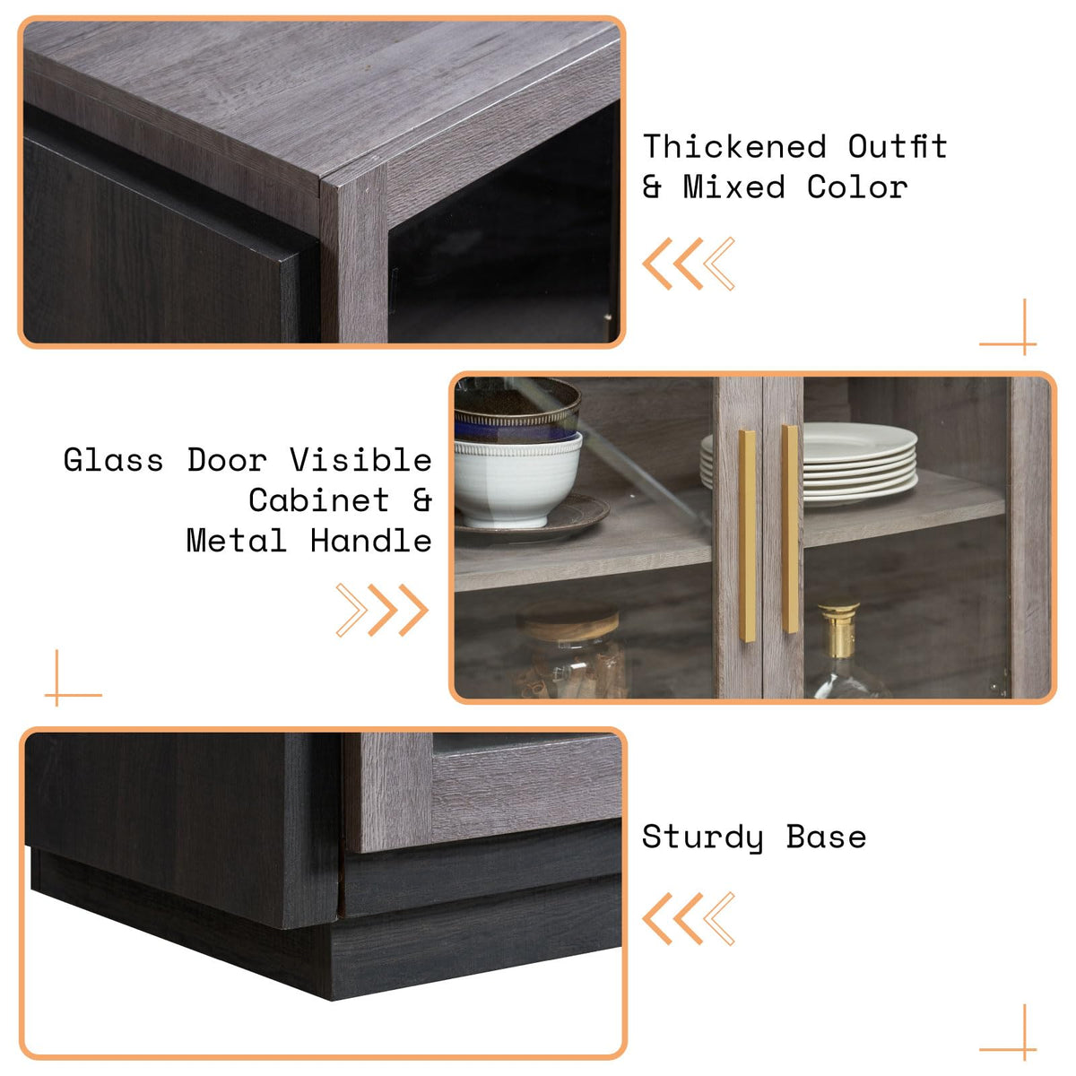 AMERLIFE Sideboard Buffet Cabinet with LED Lights, Mixed Color Accent Cabinet with Glass Doors and Adjustable Shelf, Hallway Storage Cabinets Console Table for Living Room, Dining Room, Black and Gray