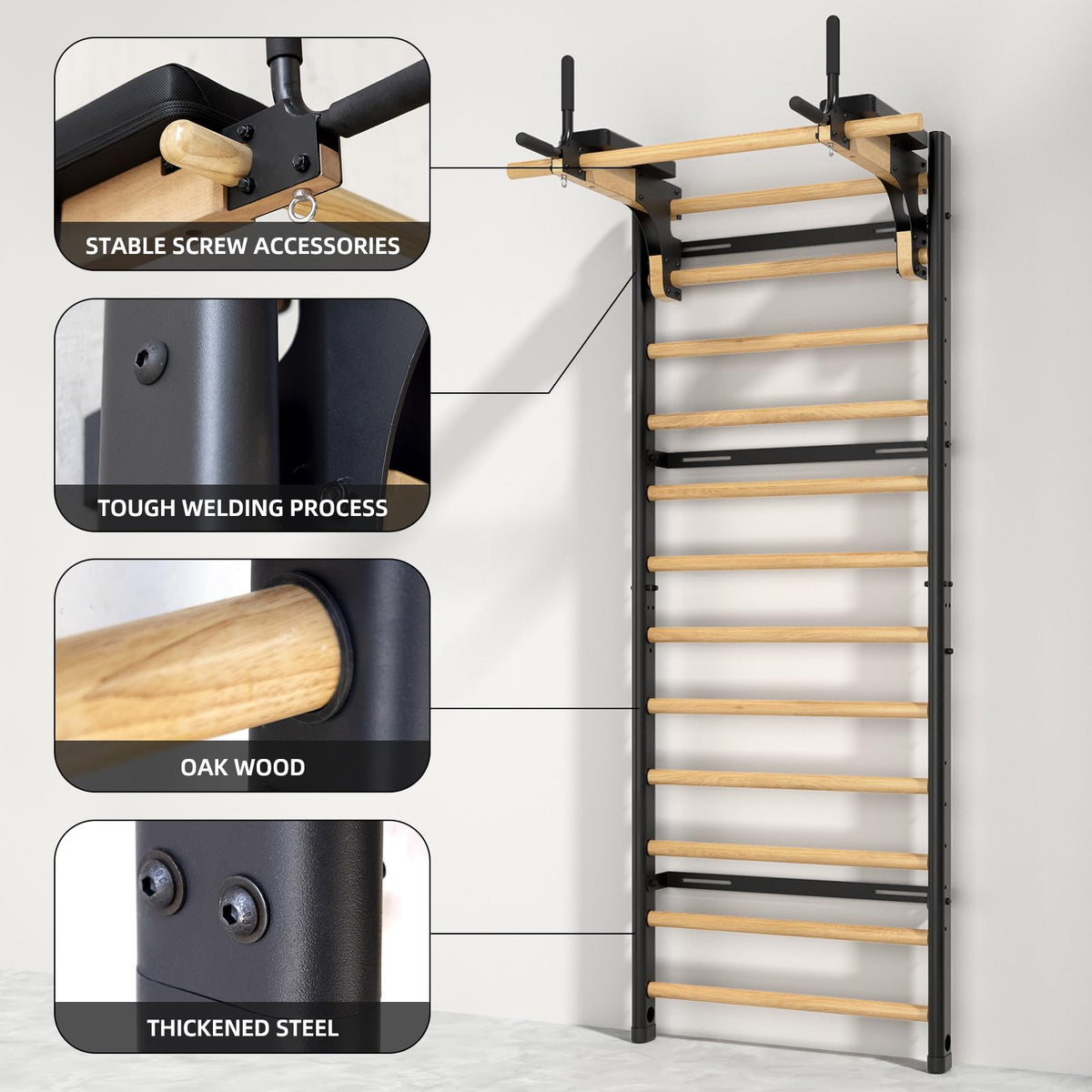 Swedish Ladder Pro, Wood Stall Bar with Push-Through Bar, Adjustable Pull-Up Dip Bar for Adults and Kids, Accessories Bundle, Spring, for Home, School, Physical Therapy and Gymnastics (40"x90“x26")