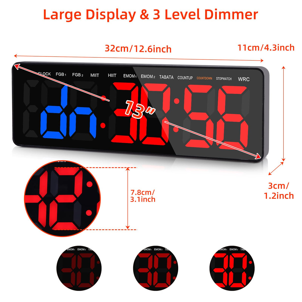 AnExer 13" Gym Timer Clock, Workout Interval Timer with Remote Control, Count Down & Up Stopwatch, Adjustable Brightness, Large LED Digital Display, Fitness Digital Clock for Home/Garage/Boxing