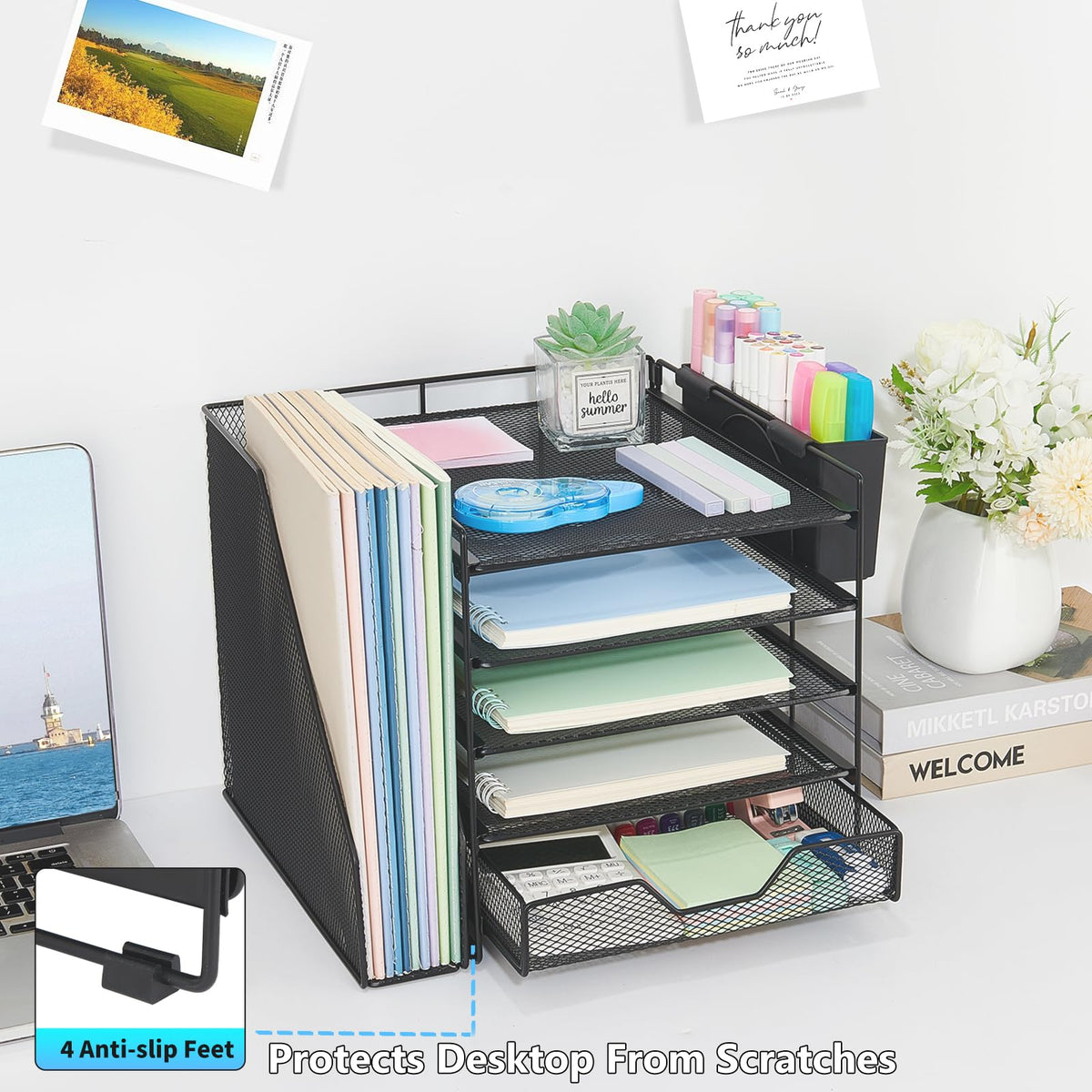 Gugsey Desk Organizers and Accessories, 5-Tier Paper Letter Tray Organizer with File Holder, Drawer & Pen Holder, Office Desk Accessories, Desktop Organizer for Classroom Office Supplies, Black