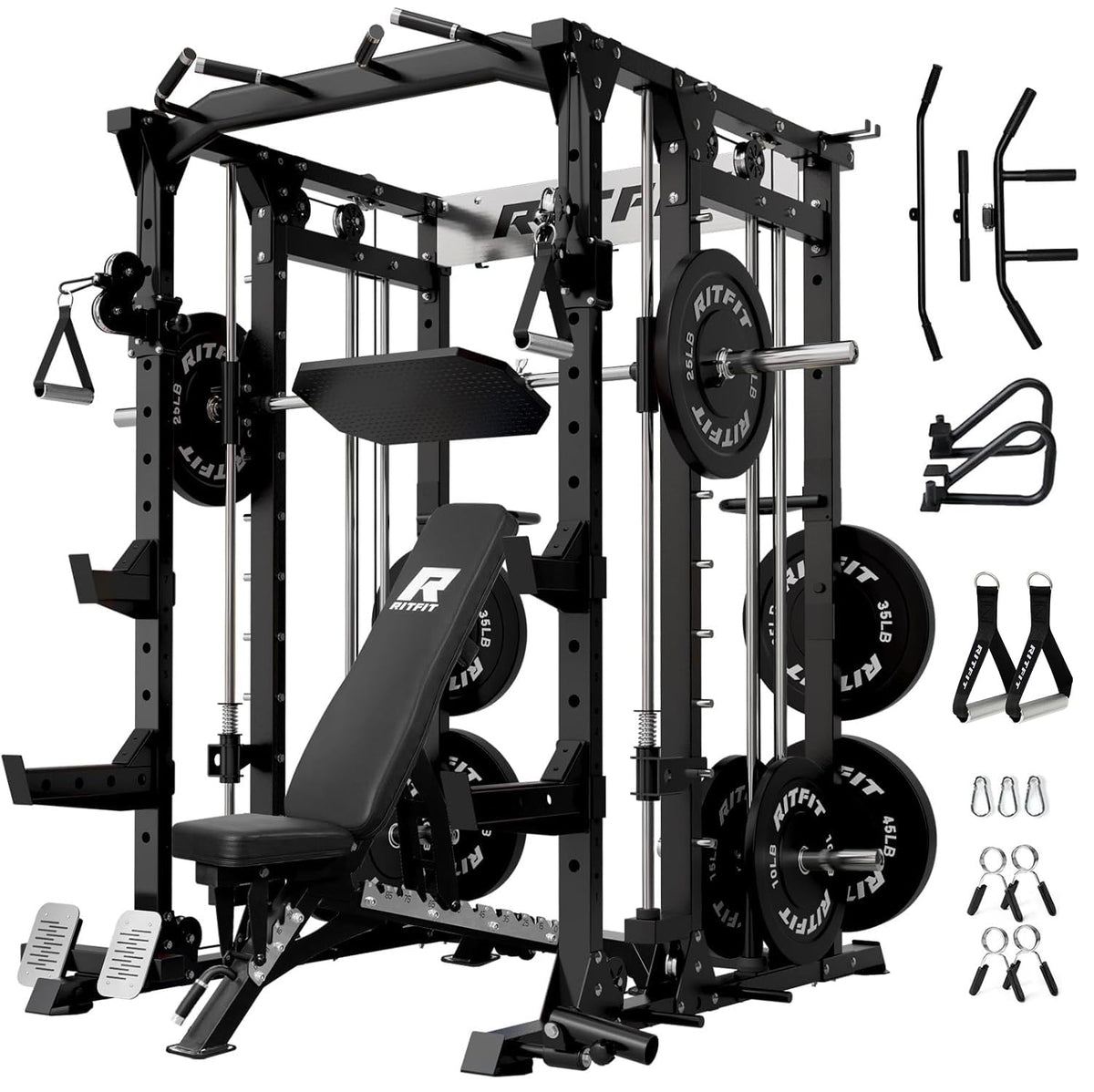RitFit Buffalo Smith Machine, Power cage with LAT-Pull Down System & Cable Crossover System, All-in-One Squat Rack for Home Gym, Power Rack