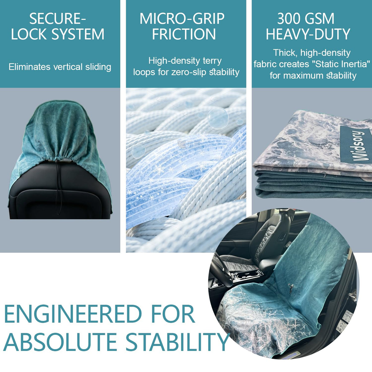 Widsory Car Seat Cover Towel – 300GSM Heavy Duty Microfiber Seat Protector, No-Slip Drawstring Headrest Lock, Sweat & Sun Protection for Gym, Beach, SUV & Truck, Machine Washable