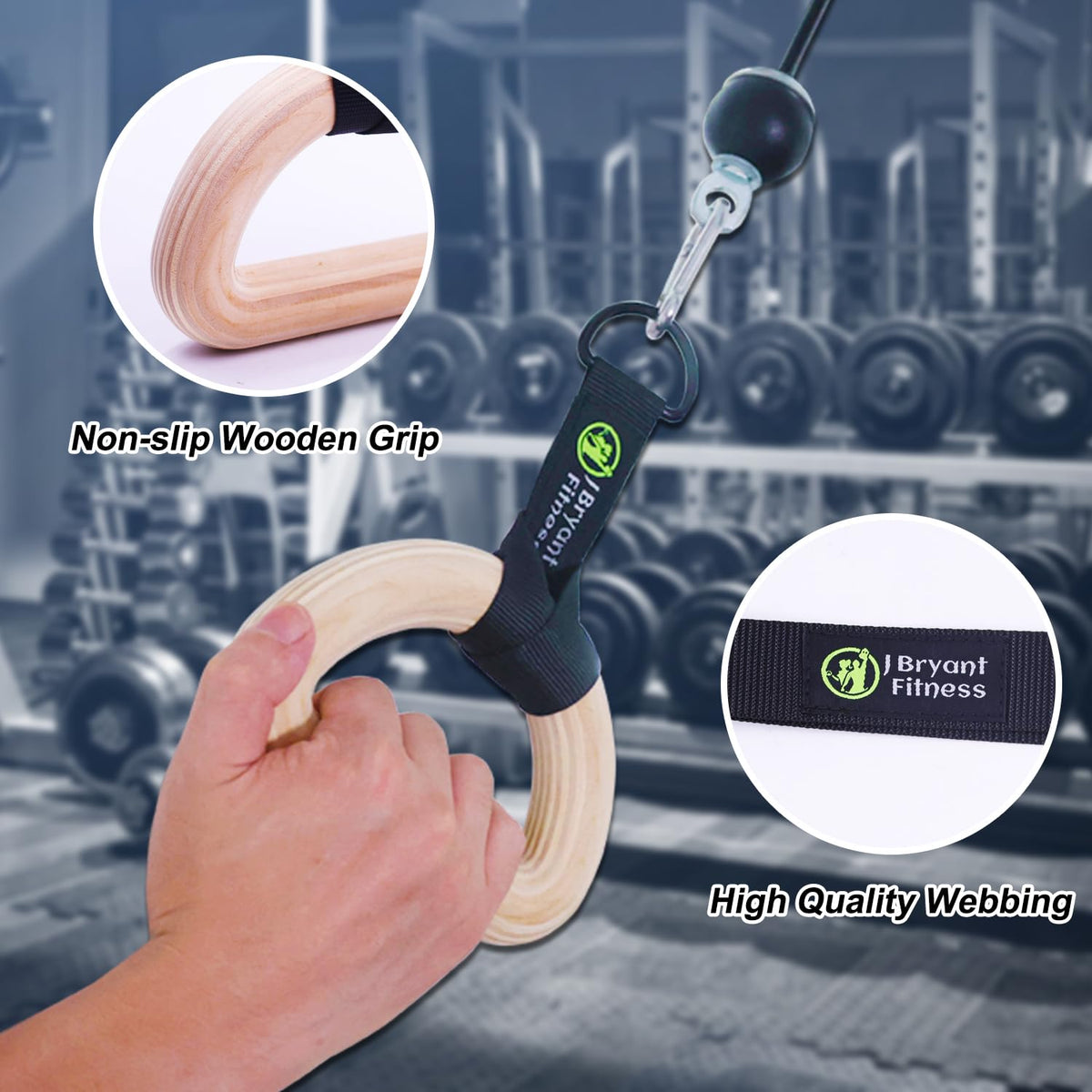 J Bryant Fitness Wooden Gymnastic Rings - Pull Up Grips & LAT Pull Down Gym Handles Design, Sturdy Webbing Straps with D-Rings, Pilates, Strength Training, and Portable Fitness - Includes Carry Bag
