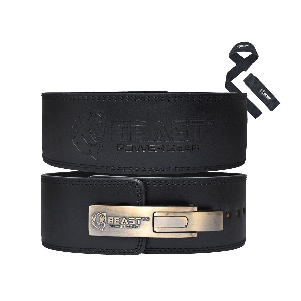 Beast Power Gear Lever belt Weight Lifting 10MM 13MM Leather Lever Belt Powerlifting- Free Strap Lower Back Support for Weightlifting, Deadlifts, Squats, Power Belt- Men & Women (Black/Black, Large)