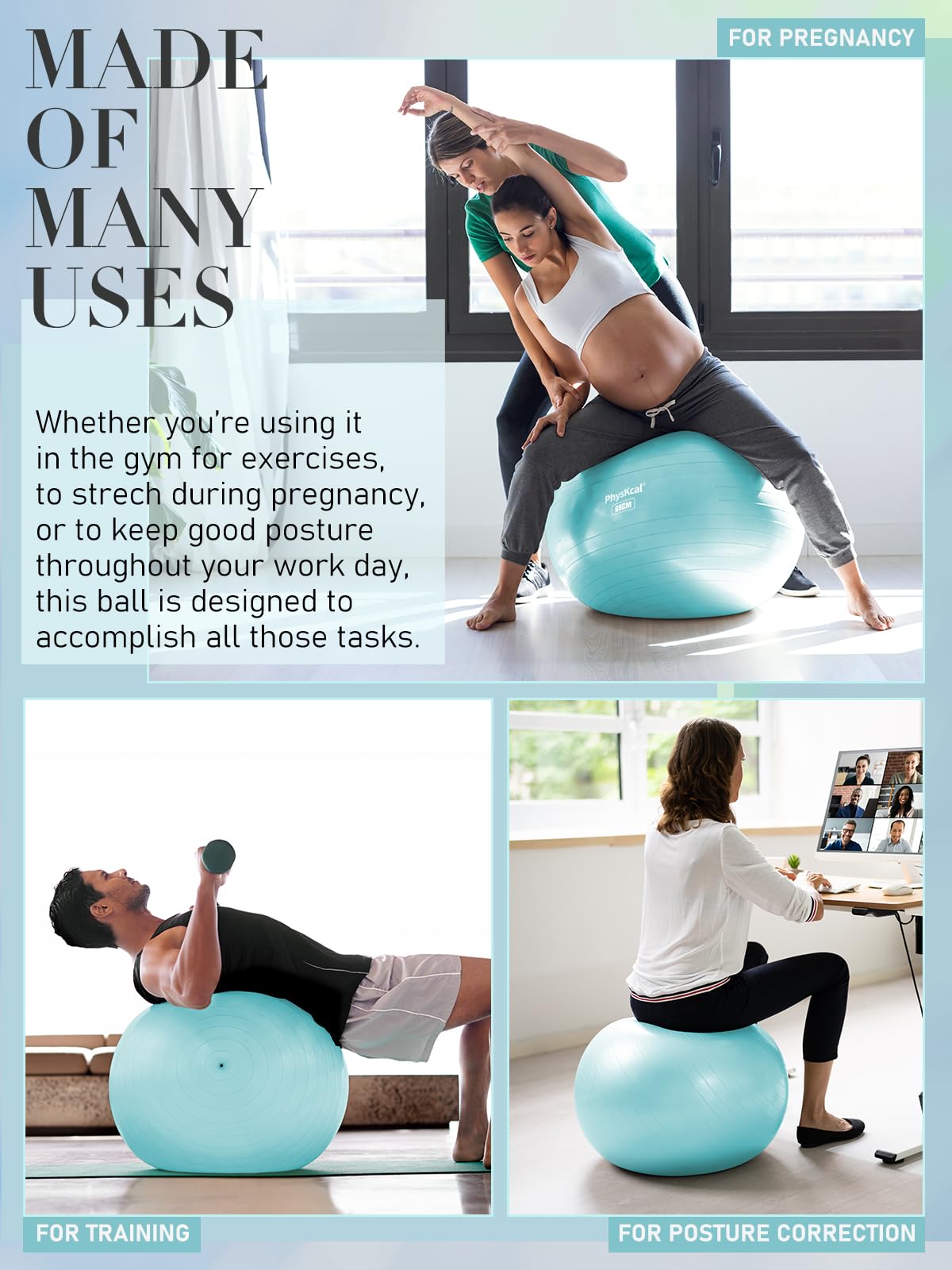 PhysKcal Exercise Yoga Ball Chair with Pilates Ball Set, Swiss Ball for Blance and Stability, Physical Therapy Set-Blue
