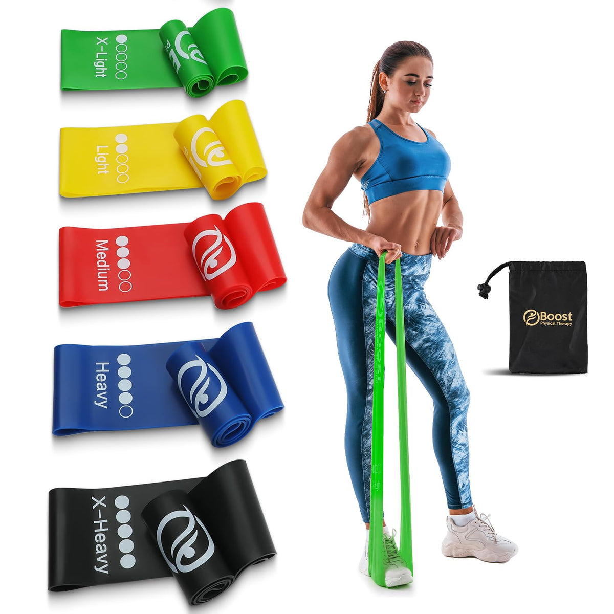 BOOSTFIT Resistance Bands for Working Out, Exercice Bands Set with 5 Different Levels for Physical Therapy, Elastic Bands with Instruction Guide and Carry Bag for Indoor & Outdoor Fitness