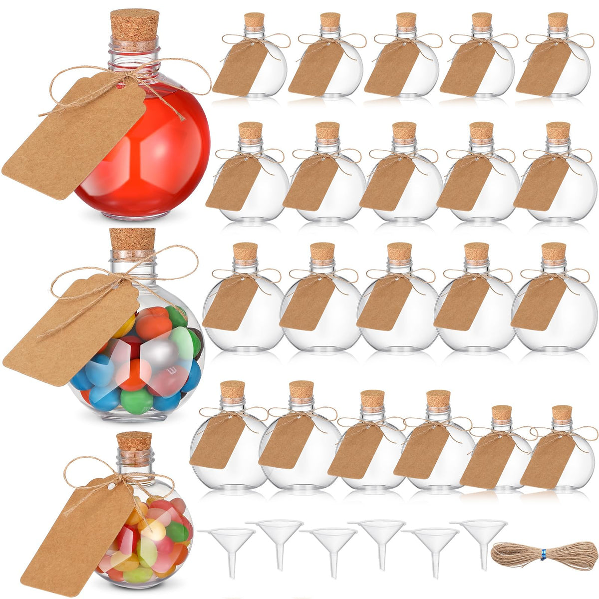 Baderke 24 Pcs Spherical Plastic Potion Bottles with Cork 3, 5, 6 oz Ball Shape Round Sand Art Bottles with mini Funnels for Wedding Cocktail Ornament Decorative Candy Jar Drink DIY Crafts