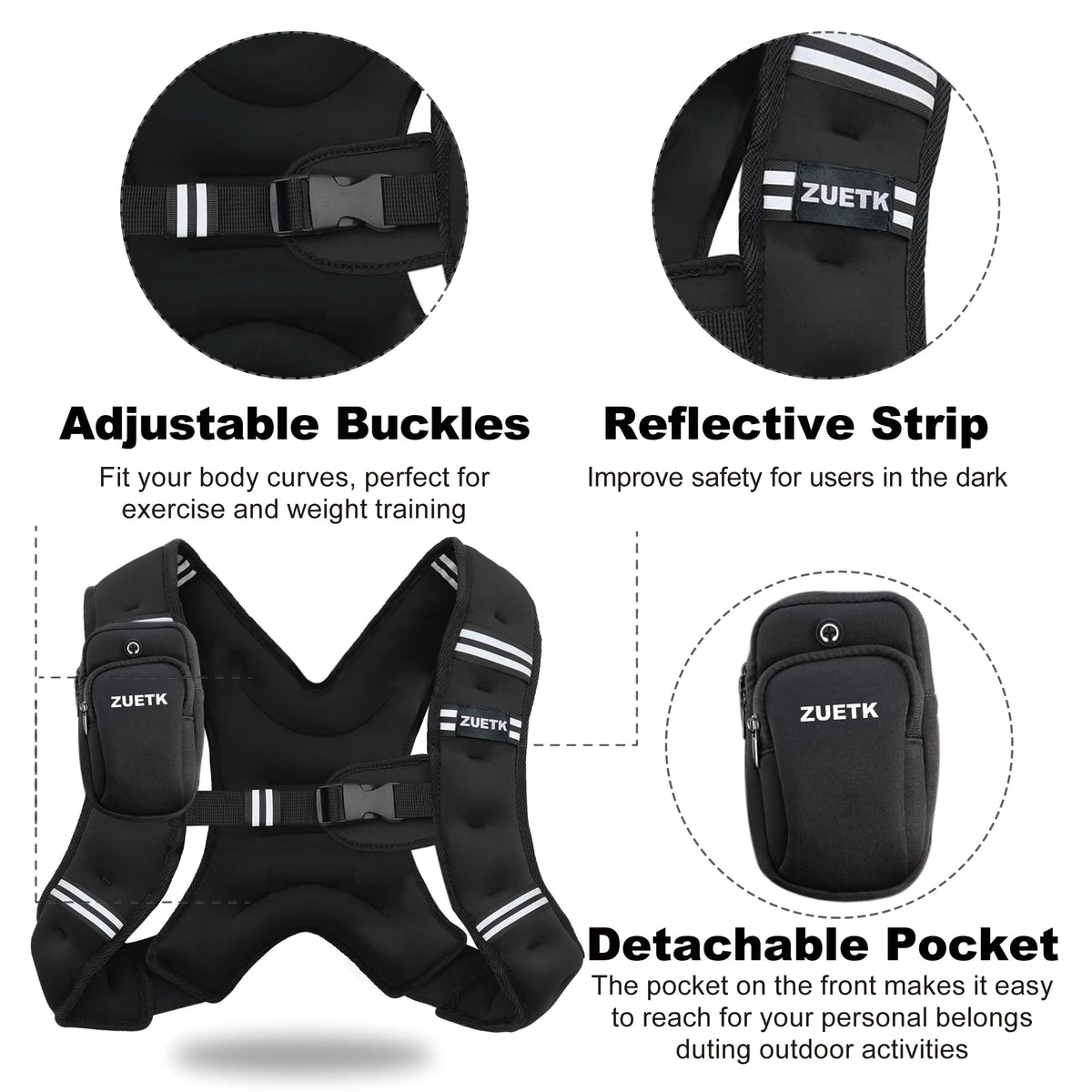 ZUETK Weighted Vest, 5lb/6lb/8lb/10lb/12lb/16lb/20lb/25lb/30lb Weight Vest with Reflective Stripe, Weighted Vest for Men Women Workout Equipment for Strength Training, Running, Jogging, Weight Loss