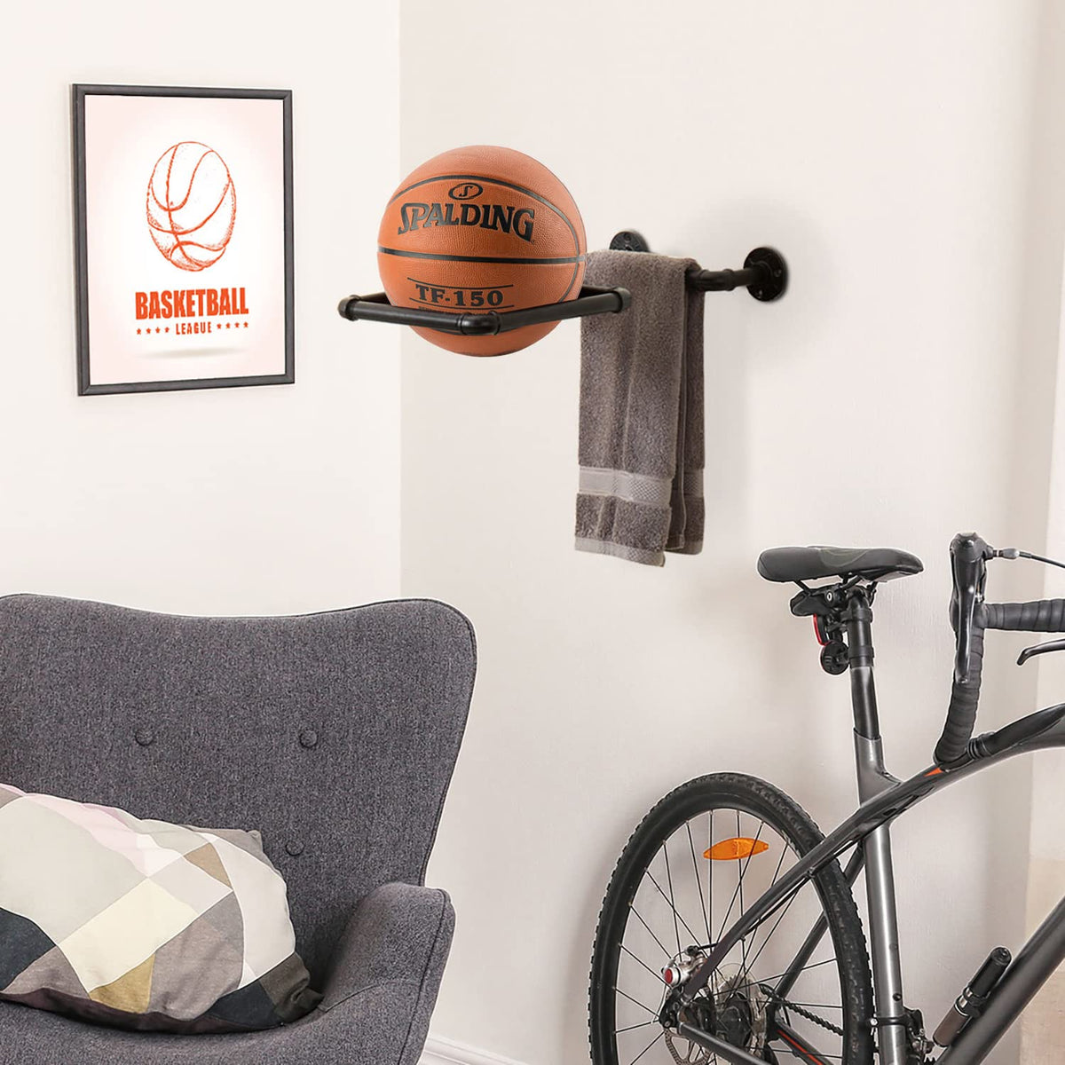 MyGift Set of 2 Yoga Ball Storage Wall Mount, Black Metal Pipe Racks for Exercise Ball Holder, Ball Storage for Home Gym or Studio