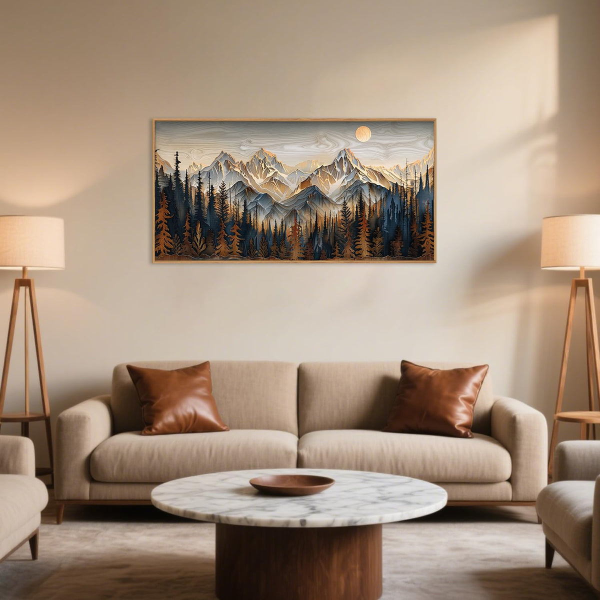 Celestdeco Mountain Wood Framed Canvas Wall Art Set,Rustic Pine Trees Wall Painting,Boho Ridge Scenery Wall Decor,Natural Sun Landscape Art Print for Living Room,Bedroom,Dining Room,Office-20 x40 x1