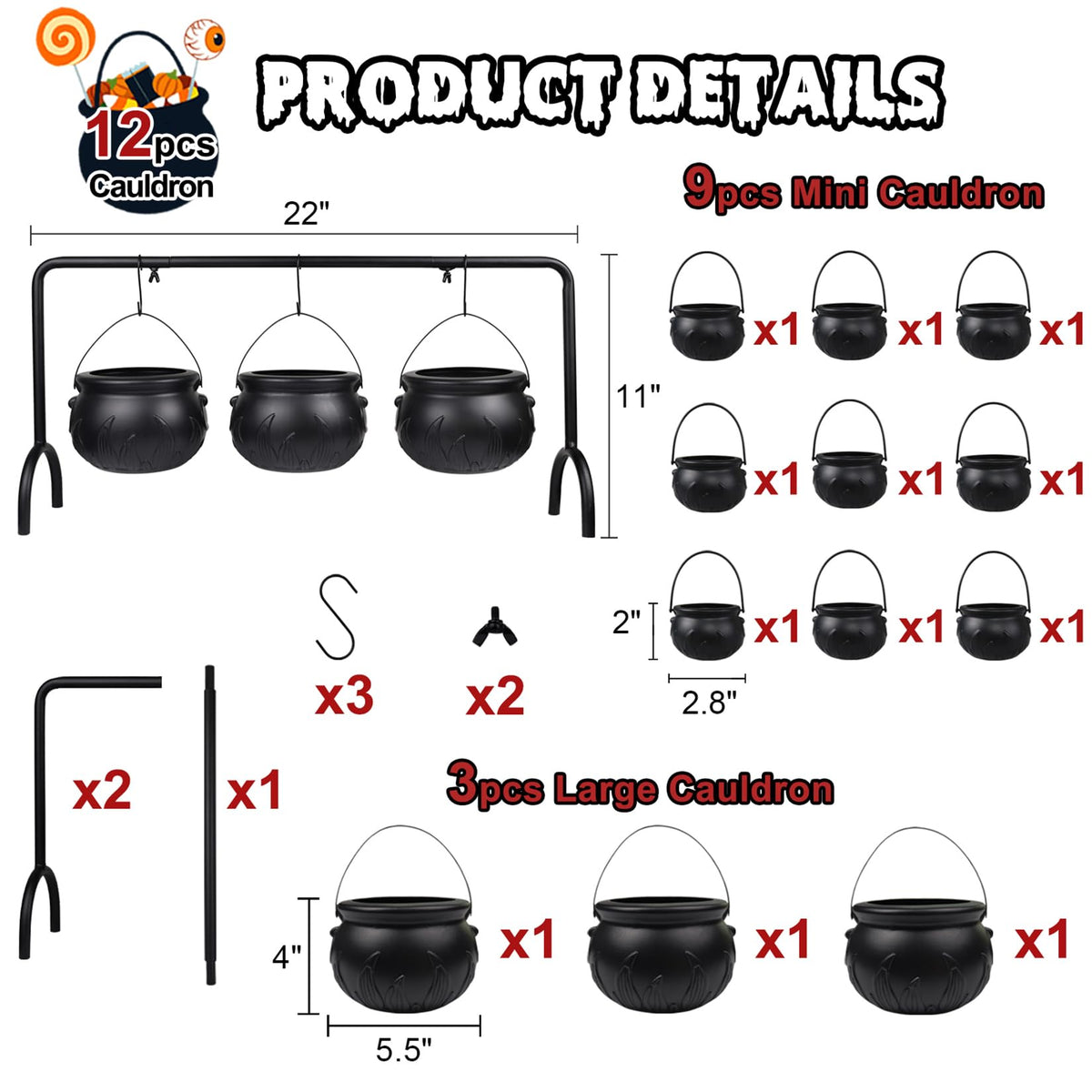 Zimati Cauldron Halloween Table Decor, 12 Pcs Large and Mini Black Plastic Hanging Cauldrons Serving Set, Spooky Witches Cauldron Candy Serving Bowls for Indoor Home Hocus Pocus Party Decorations