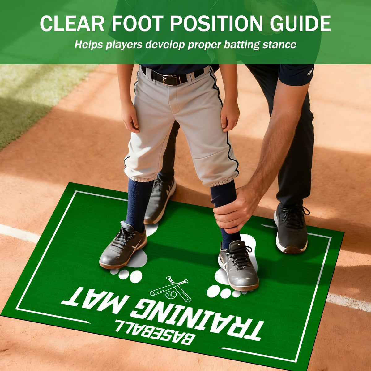 Baseball Training Mat, Baseball and Softball Batter Stance Hitting Mat, Improve Posture, Batting Mat with Toes Facing Place, Silent Anti-Skid, Baseball Training Equipment, 35.4 * 23.6 Inch (Green)