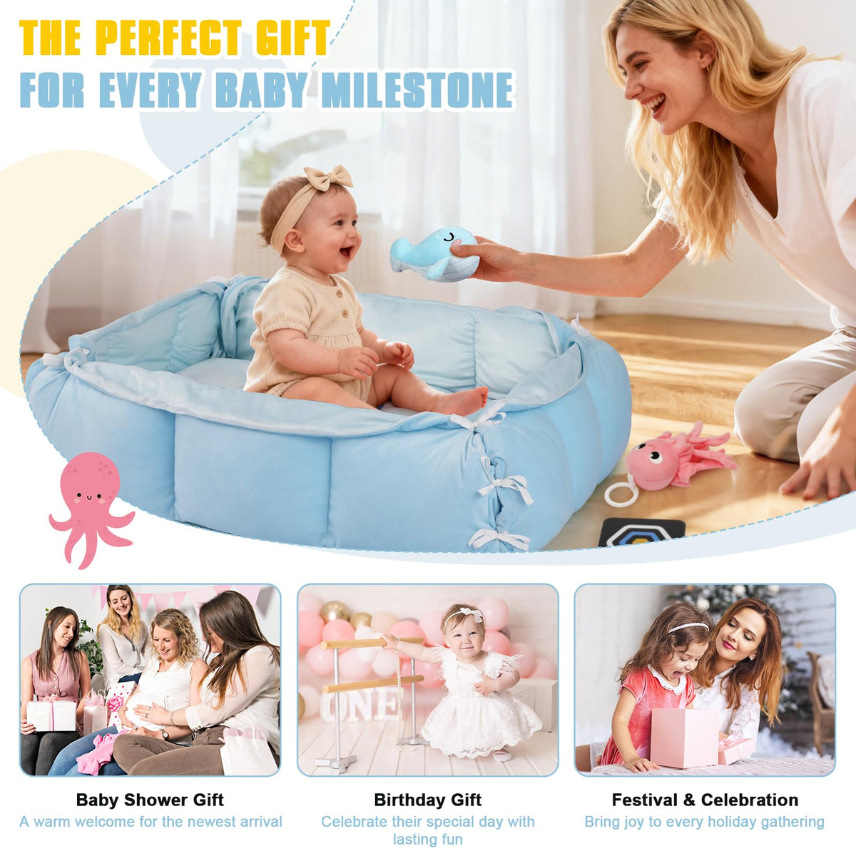 5-in-1 Tummy Time Mat Baby Activity Gym with Cartoon Pattern, Extra Thick Plush Play Floor Mat, Featuring Hanging Toys, Sensory Development Gym & Lovely Gift for Newborn Baby, Whale