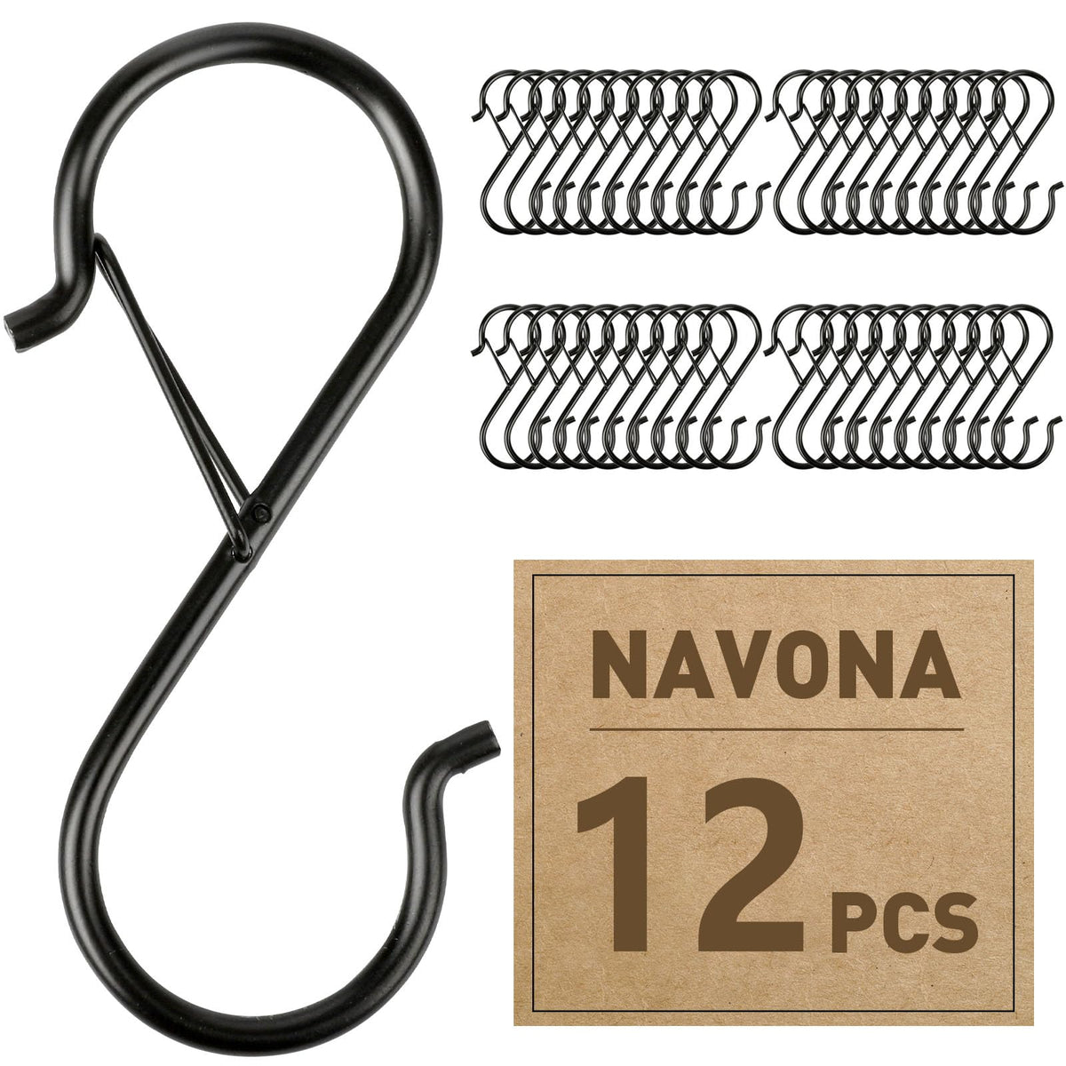 12 Pcs S Hooks for Hanging Heavy Duty, 3.5-inch Heavy Duty Metal S Hook with Safety Buckle, Suitable for 0.5 inch Rods, S Hook for Hanging Plants, Closet, Kitchen Utensil, Pot, Pan, Bags