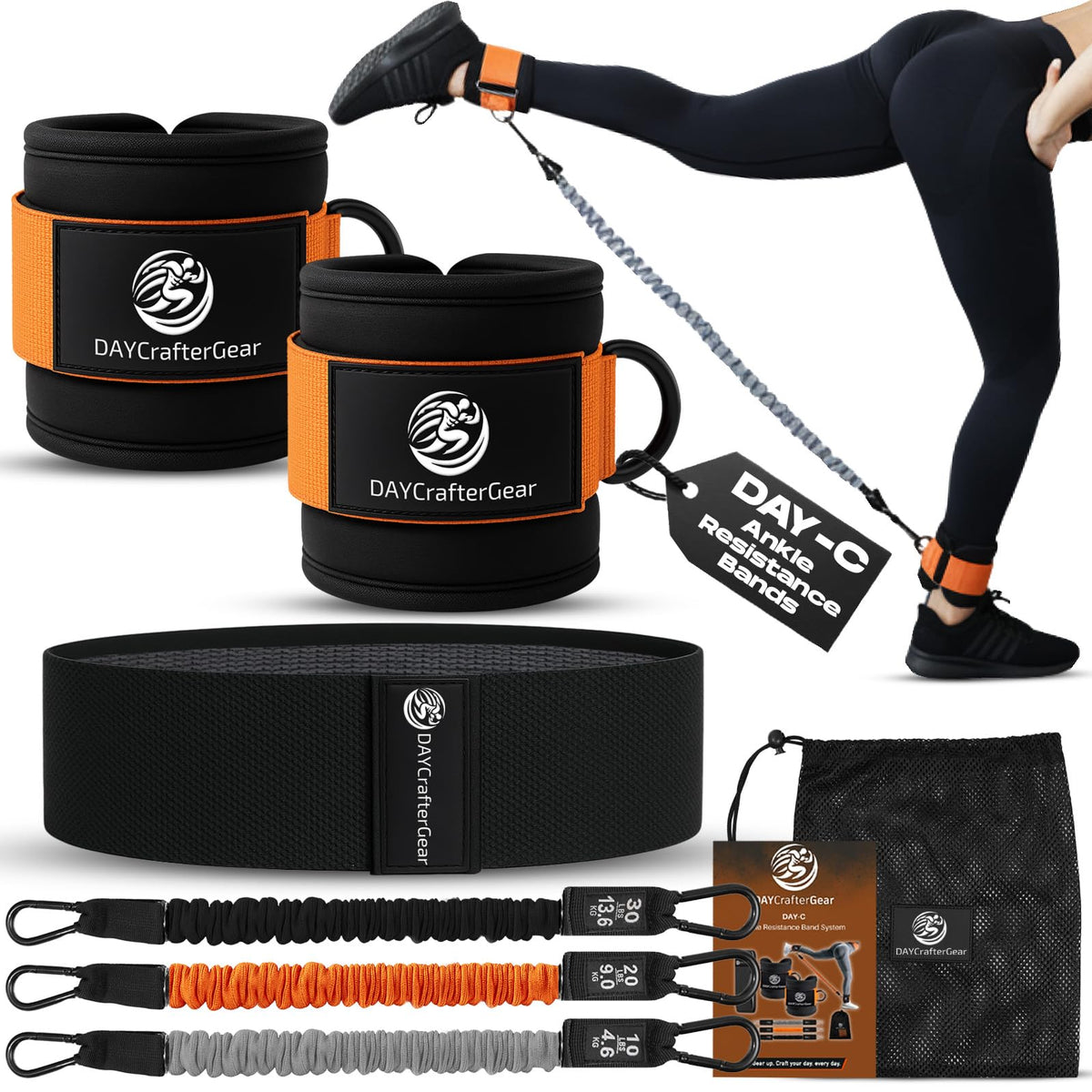 Ankle Resistance Bands with Cuffs & Bonus Fabric Resistance Bands for Working Out – Home Workout Set for Legs, Glutes, Yoga, Pilates, Strength Training Women & Men – Includes Bag & Guide