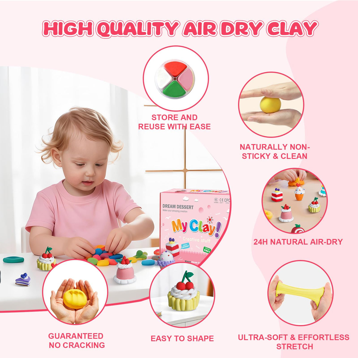 Air Dry Clay Kit, Modeling Clay for Kids, 12 Pack Dessert Theme, Soft & Non-Sticky, Non-Toxic DIY Art & Craft with Sculpting Tools & Tutorials, Birthday Holiday Gifts for Ages 4-12 Boys & Girls