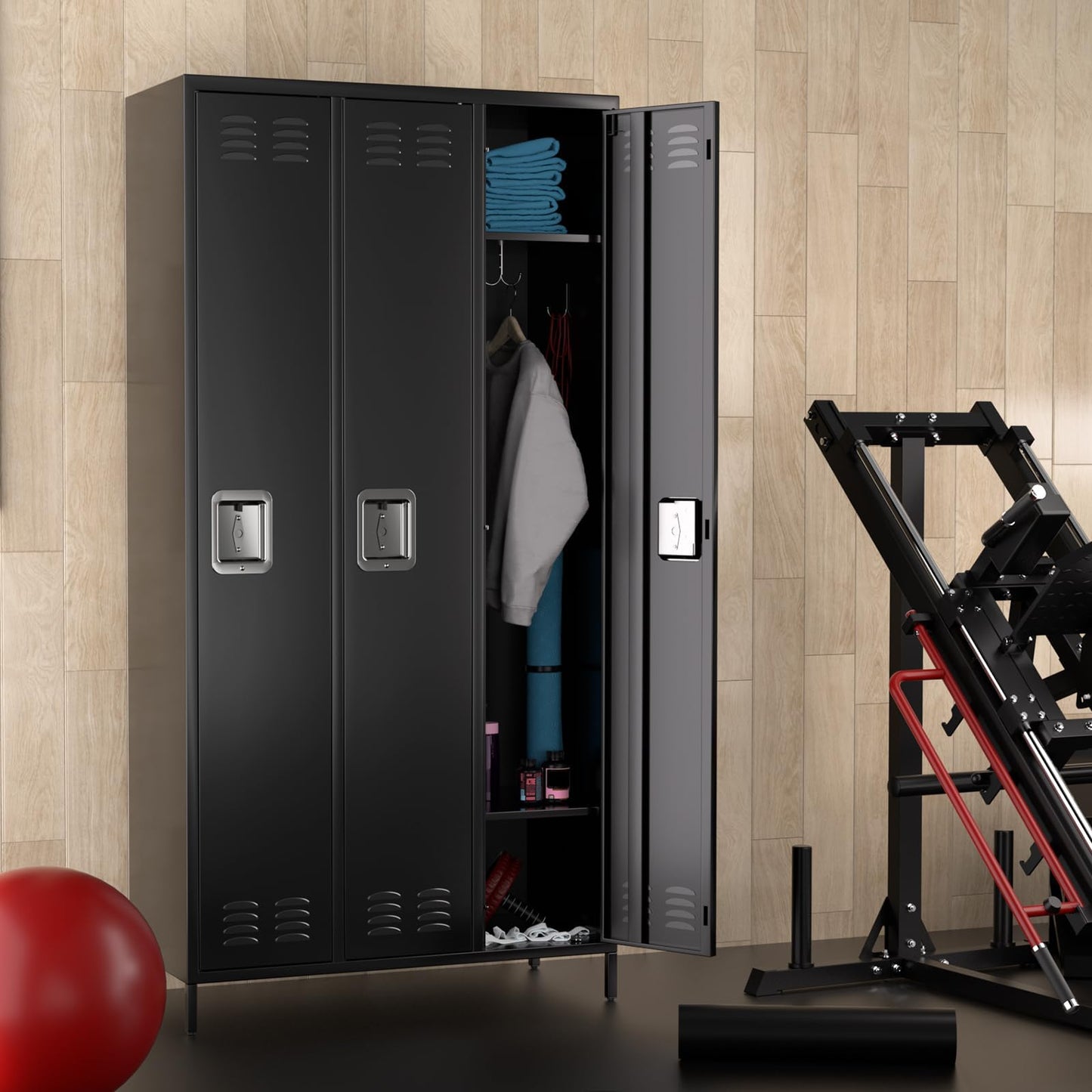 MERXENG Metal Storage Locker with 3 Doors, Metal Locker for Employees with 9 Hooks for Garage School Office Gym Home, Assembly Required, Black