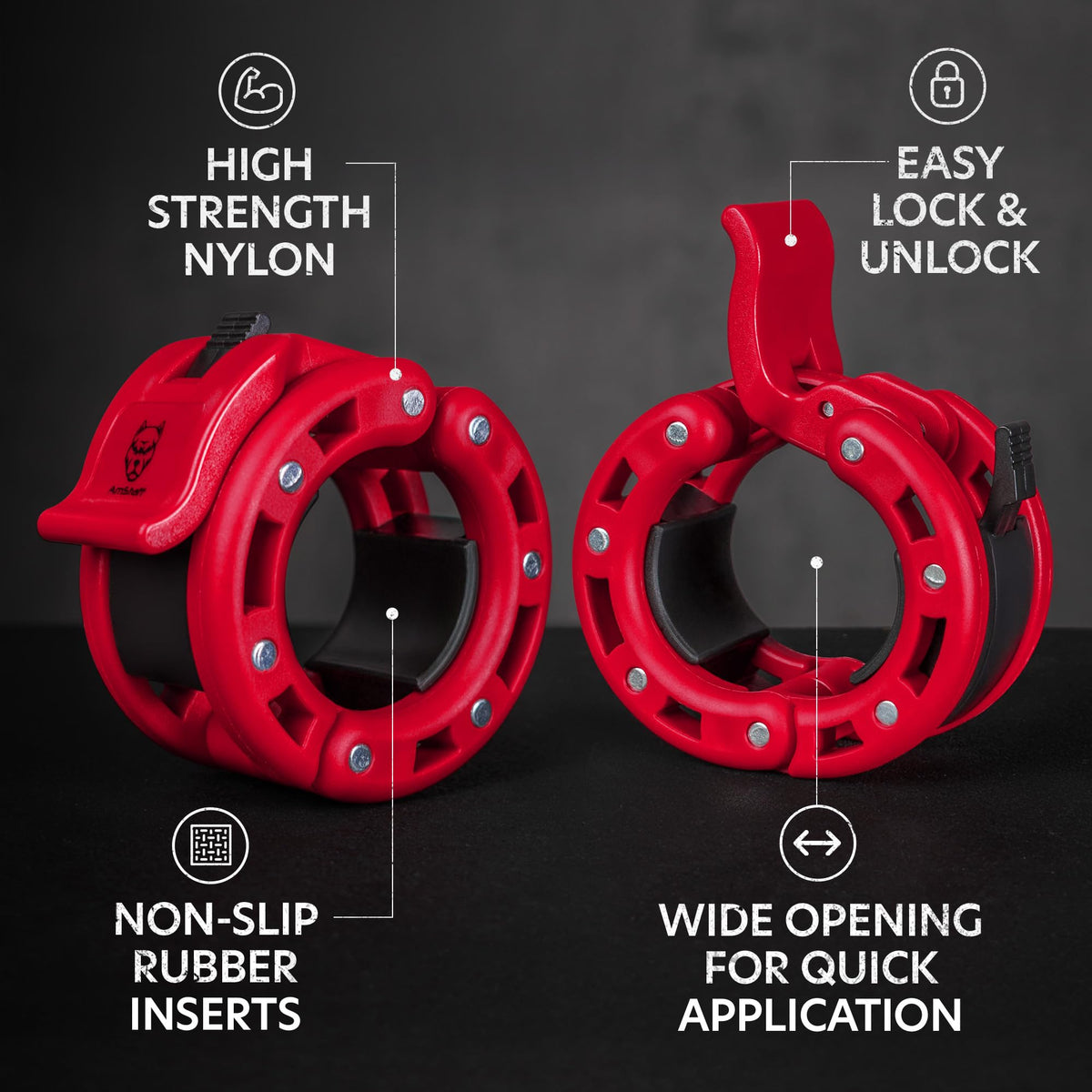 AmStaff Fitness Barbell Collars Clamps – Quick Release 2 inch Locking Olympic Bar Collars for Weightlifting, Powerlifting, and Strength Training (Pair, Red)