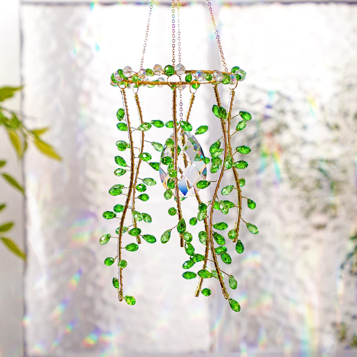 Suncalla 3 Pcs Crystal Suncatchers for Window Boho Decor Plant Sun Catchers Green Plants Artificial Hanging Wind Chime Sun Catchers with Chain Making Rainbow Indoor Outdoor Decor Plant Lover Gift