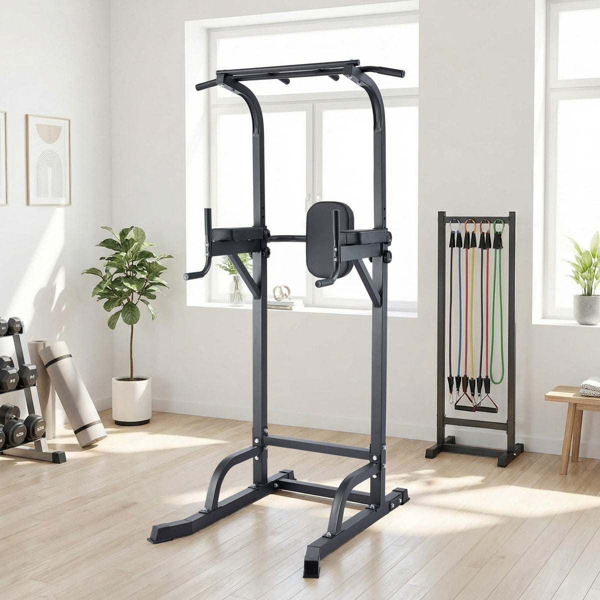 Free Standing Power Tower Pull Up Bar and Dip Station,Adjustable Strength Training Pull-Up Bars for Full Body Workout, Multifunction Dip Station Home Gym for Pull-Ups, Dips, Push-Ups, Leg Raises