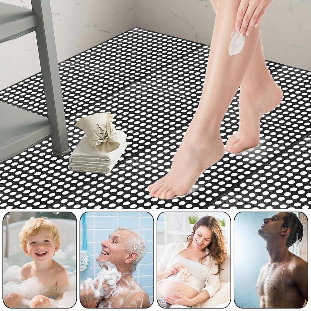 Interlocking Floor Tiles 12x12 Inch, 12 Pack Soft PVC Non-Slip Drainage Tiles with Holes for Bathroom, Pool Deck, Gym, Garage, Kitchen & Wet Areas, Easy Splicing Anti-Fatigue Mat, Black (12 Pack)