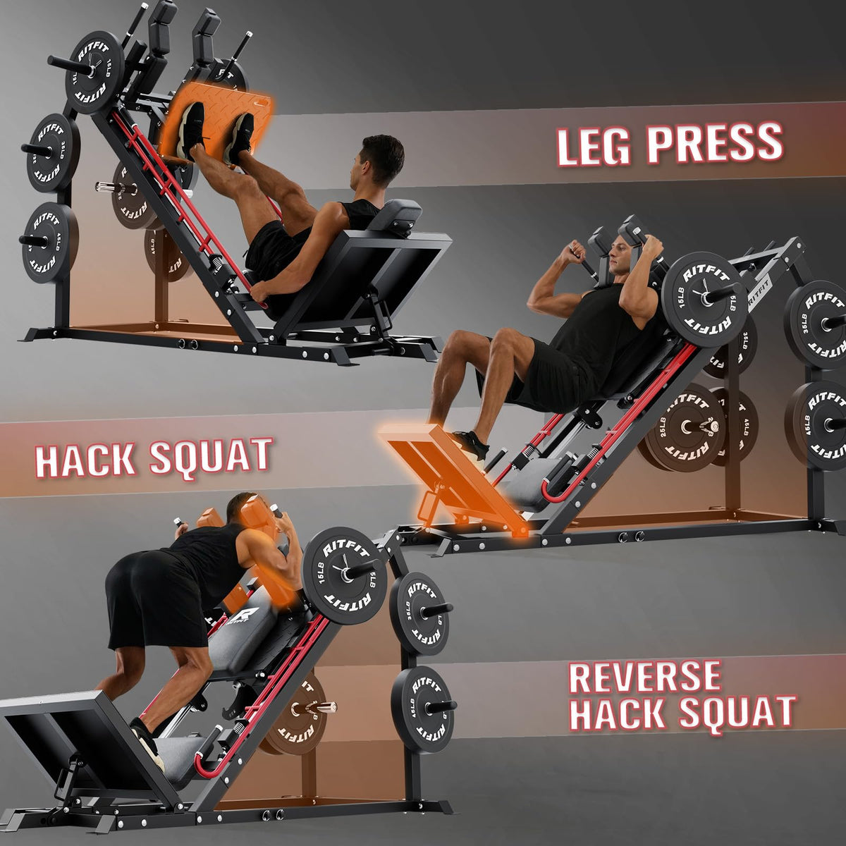 RitFit Gazelle Pro 3 in 1 Leg Press and Hack Squat Machine - High-Tensile Steel Leg Press Machine, 2000lbs Capacity, Adjustable Angles with Weight Storage (Red (with 35lb Rubber Weight Plates))