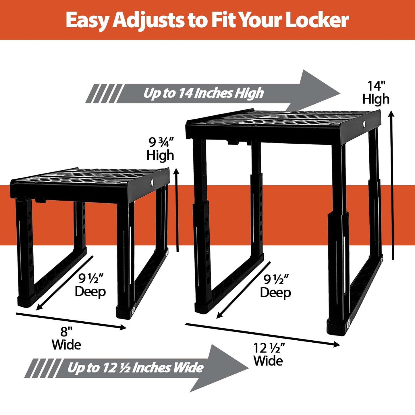 Piffny Locker Organizer Shelf， Adjustable Width and Height, Stackable, Ideal Locker Shelf for School, Office, Gym Lockers, or Even Kitchen Cabinets & Under Sink Organization (Black),(PLKSLF01)