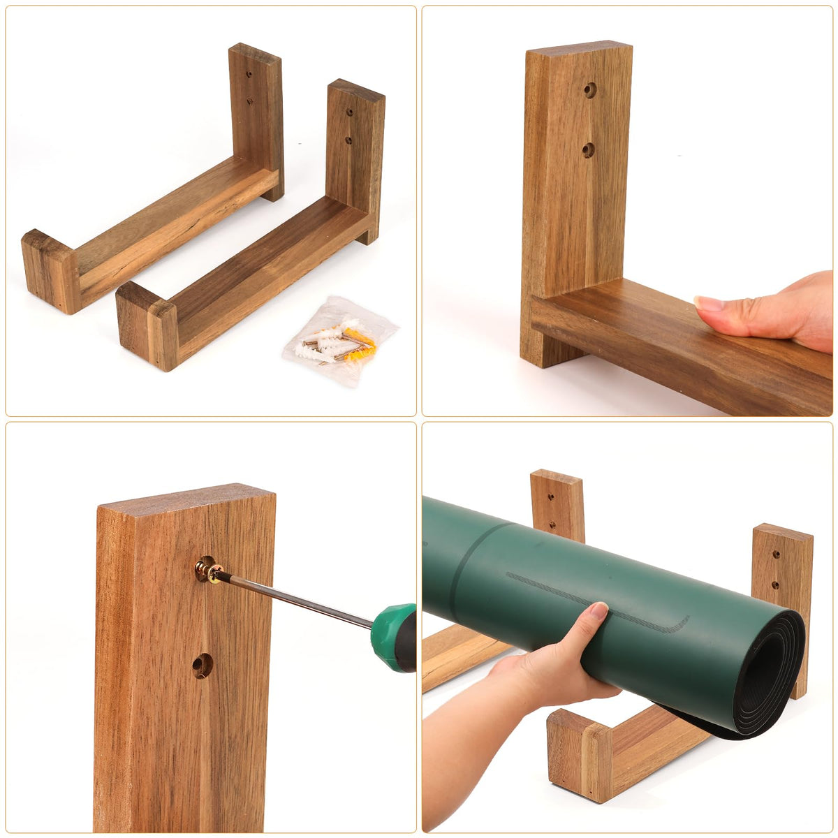 Yoga Mat Holder Wall Mount Yoga Mat Storage Rack,Wall Shelf Organizer, Foam Roller Wall Hooks, Hold 3 yoga mats, Fitness Gear Organizer By Wood