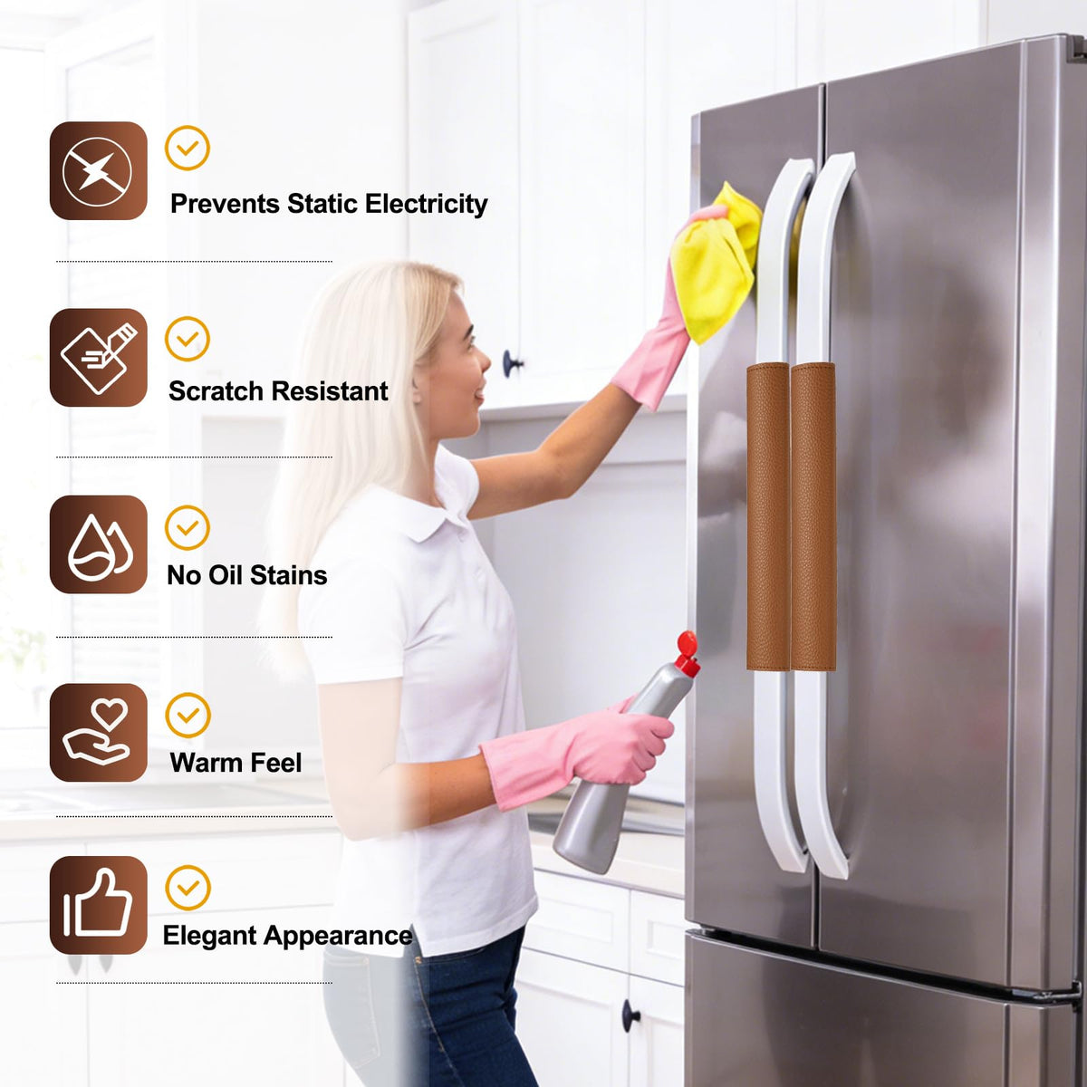 uxcell 6Pcs Refrigerator Door Handle Covers, PU Leather Kitchen Appliance Handle Protector, Anti-Static Fridge Handle Cover Keep Your Microwave Oven Dishwasher Clean, Brown