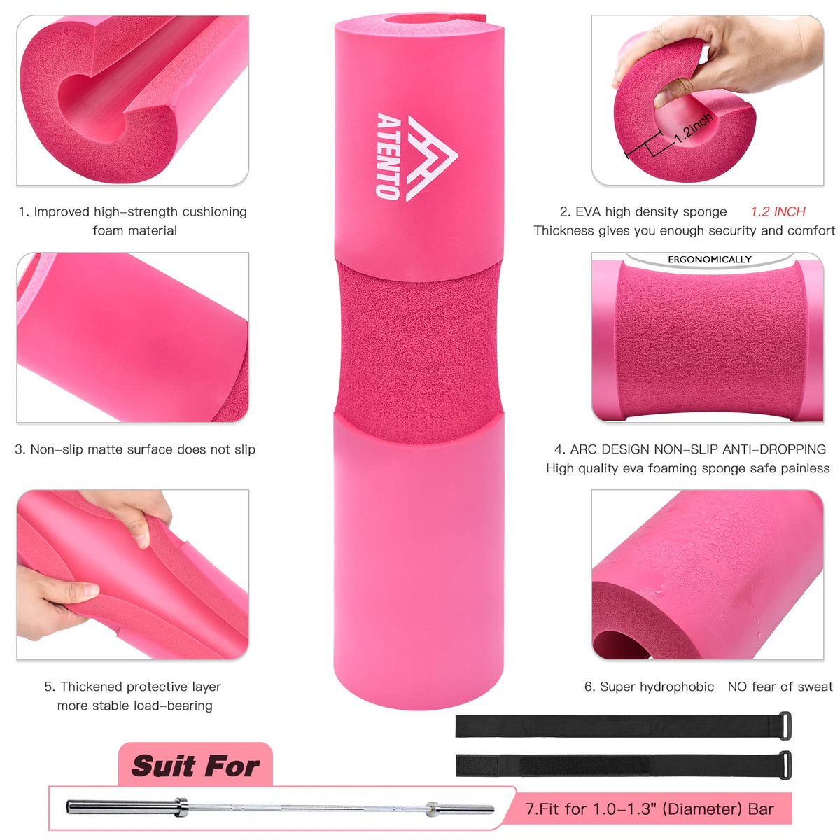 ATENTO 9Pcs Barbell Pad Set for Hip Thrusts, Thick Cushion Hip Thrust Pad for Relief Pressure from Neck Shoulder, Squat Pad Fits Standard Olympic Bars & Smith Machine, Weight Bar Pad for Bench Press, Lunges, Workout, Leg Exercise- Gym Accessories with Ank
