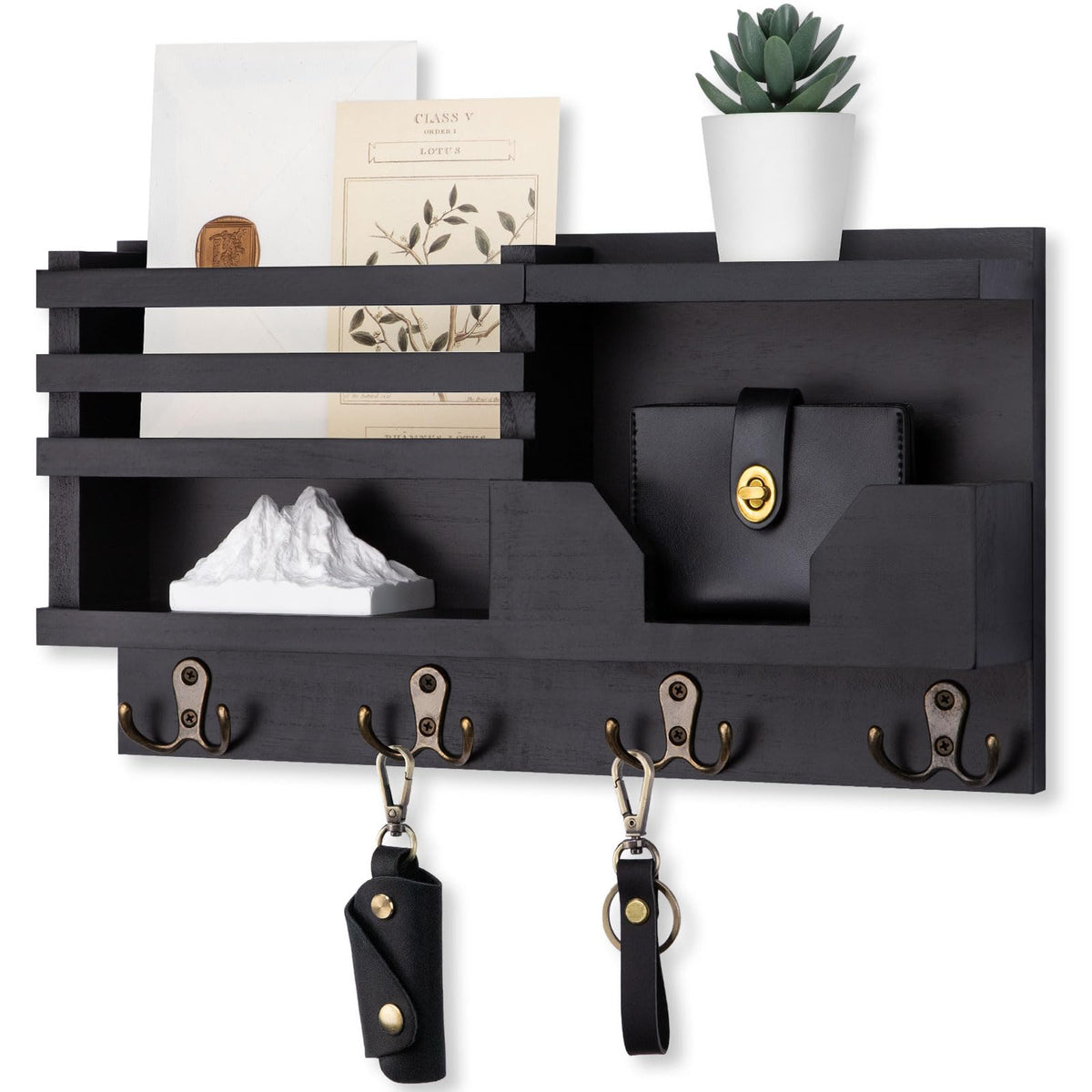Lwenki Mail and Key Holder for Wall – Decorative 15.9” x 8.7” x 3.2” Entryway Organizer with Shelf – Paulownia Wood with 4 Dual Hooks Includes Mounting Hardware and Installation Guide