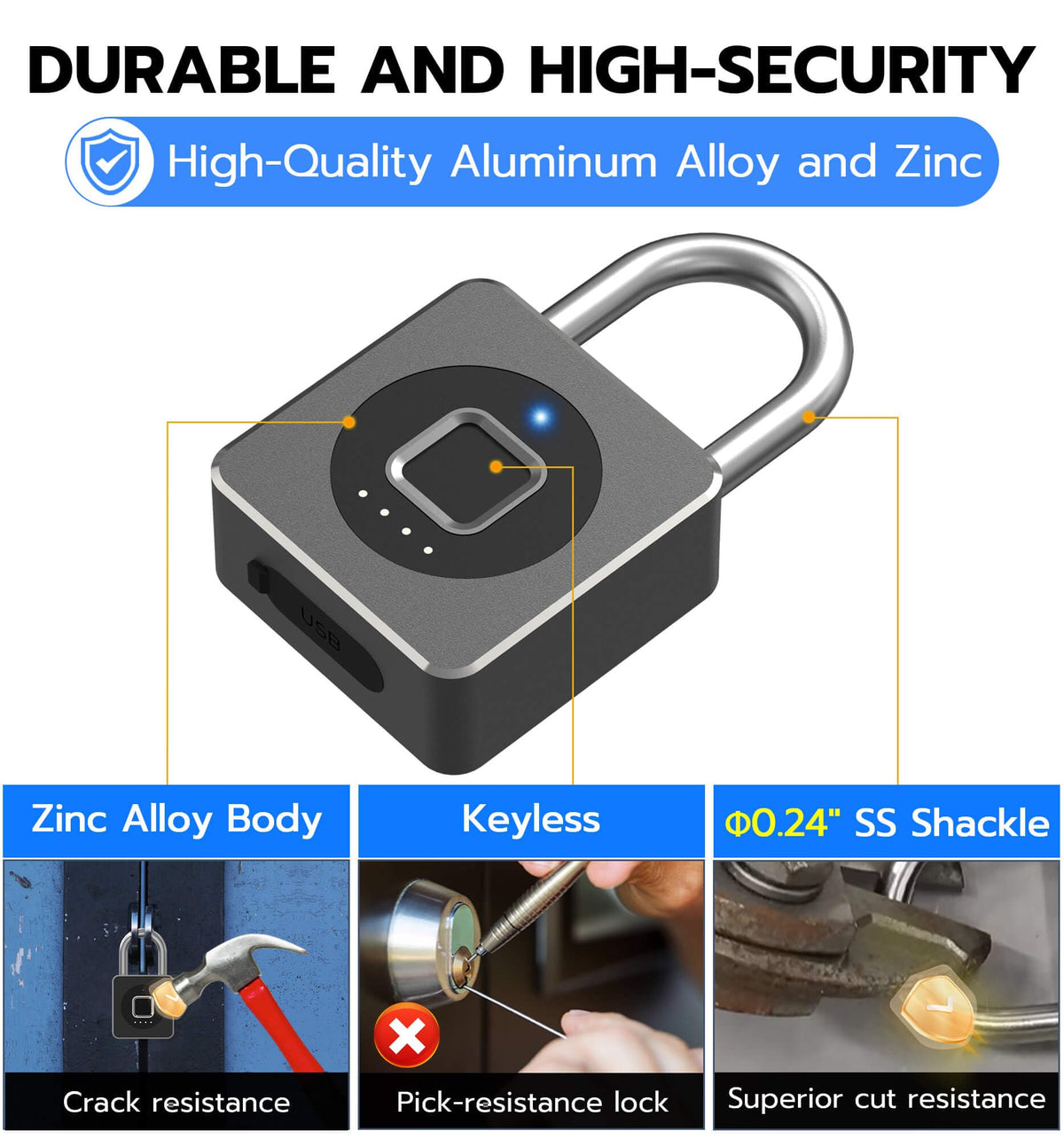 eLinkSmart Fingerprint Gym Locker Lock, Keyless Biometric Padlock, Weatherproof Electronic Digital Bluetooth App Smart Combination Pad Lock for Outdoor Fence Gate Storage Unit Pool Shed - Black