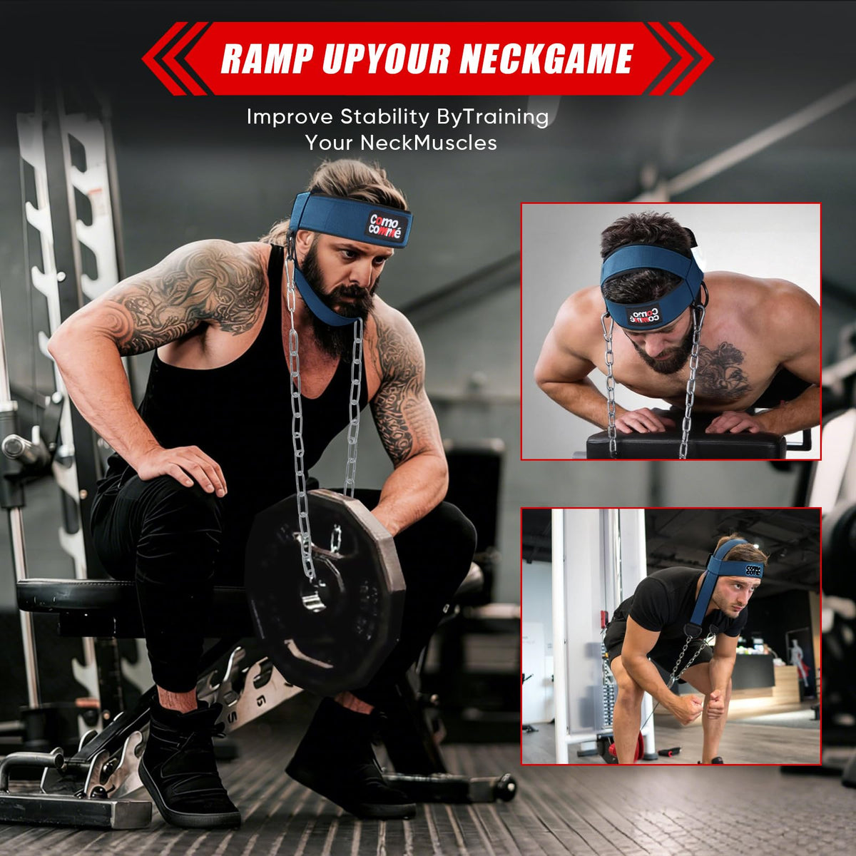 Fitness Neck Head Harness Trainer for Men and Women, Blue Neck Exerciser with 30" Heavy Duty Steel Chain for Safely Lifting, Adjustable Neoprene Neck Exerciser for Weight Lifting, Home and Gym Use