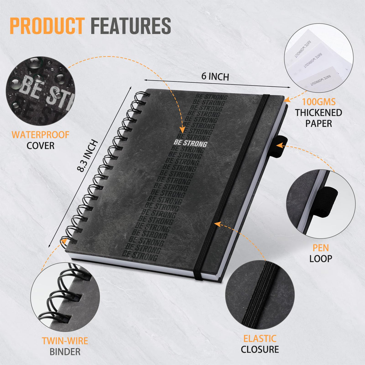 Workout Journal for Men & Women, Workout Planner with Monthly Calendar, ( 8.3" x 6") Grayish-black Texture Hardcover Workout Log Book Track Training, Diet, Progress, Achieve Wellness Goals, Perfect for Fitness Enthusiast