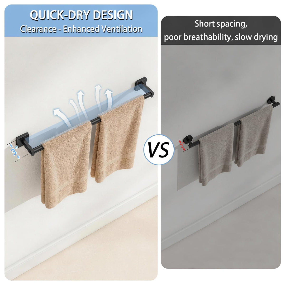 MKO Towel Bar for Bathroom, 24" Hand Towel Holder Rod with Metal, Black Towel Racks for Bathroom Hanger Wall Mounted for Home Essentials, 2 Pack