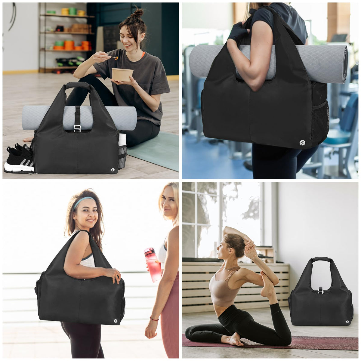 sportsnew Yoga Gym Bags for Women with Shoes Compartment and Wet Dry Storage Pockets with Adjustable Yoga Mat Holder, Black