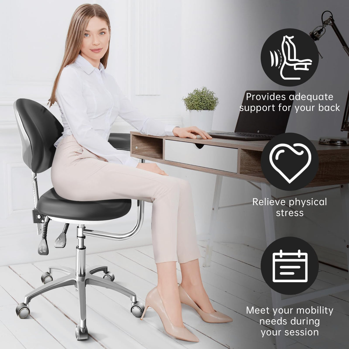 Dental Assistant Chair PU Leather with Swivel Armrests, Rolling Dental Chair, Ergonomic Swivel Dentist's Stool with Backrest for Clinics, Tattoo, Home and Laboratory - Black