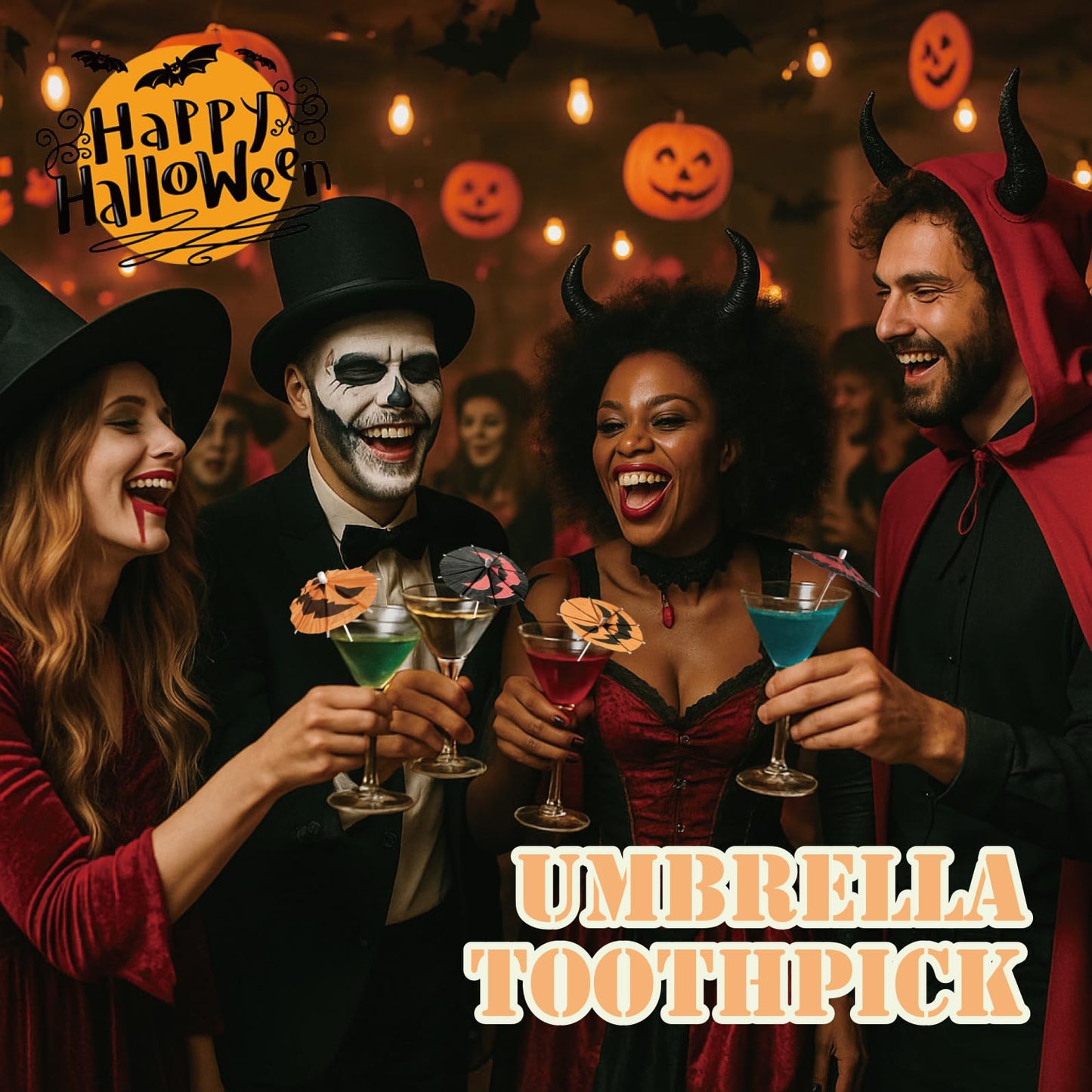 140 Pcs Halloween Pumpkin Cocktail Drink Umbrella Picks, 4 Inch Spooky Paper Toothpicks with Pumpkins Cocktail Umbrellas Fruit Dessert Cupcake Topper Sticks for Halloween Party Decorations (Black)