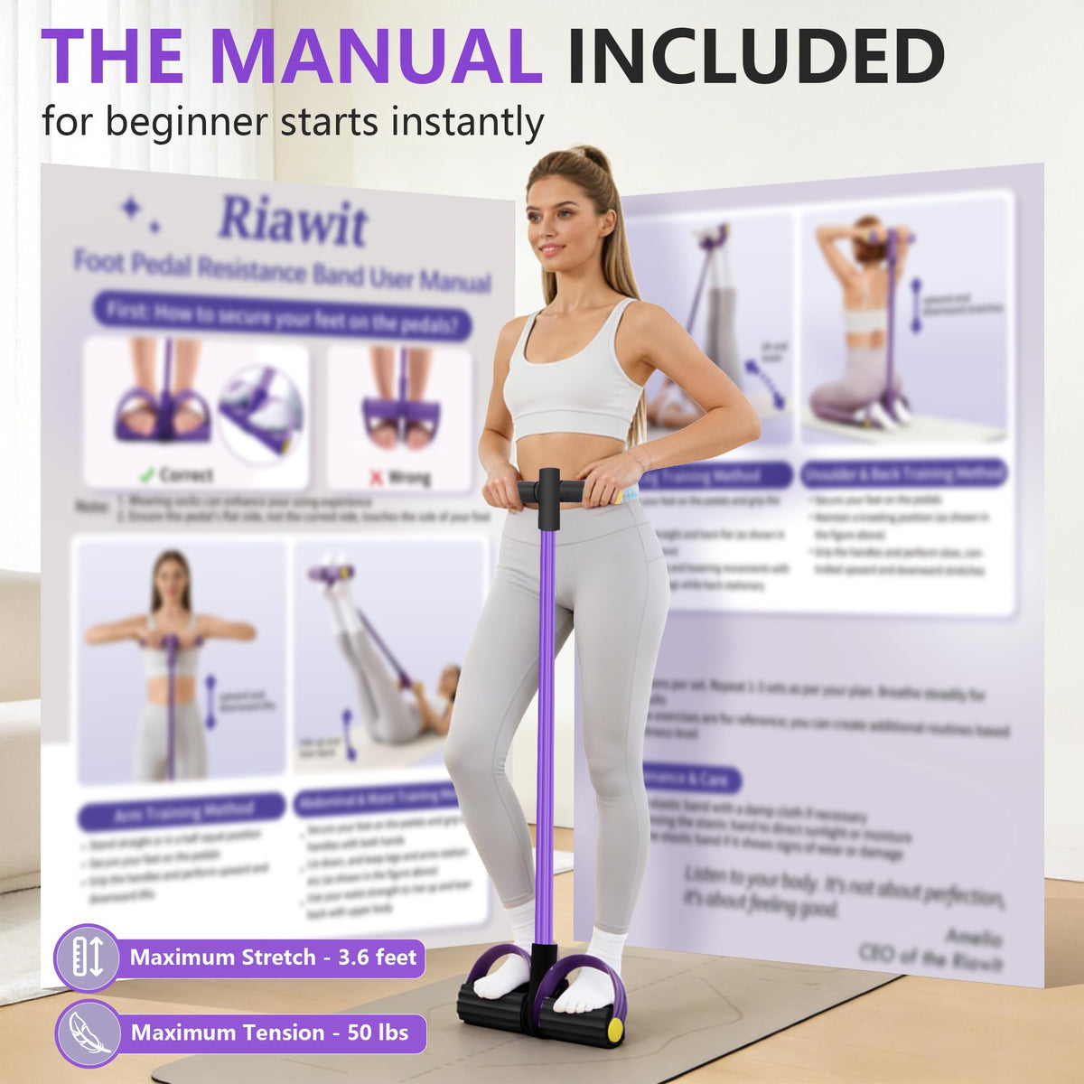 Upgraded Pedal Resistance Band with Handle, Soft Durable Fashion Puller Exercise with Thickened 6 Tension Ropes, Tube Pedal Resistance Device for Abdomen, Waist, Arm, Leg, Core/ABS (Black & Purple)