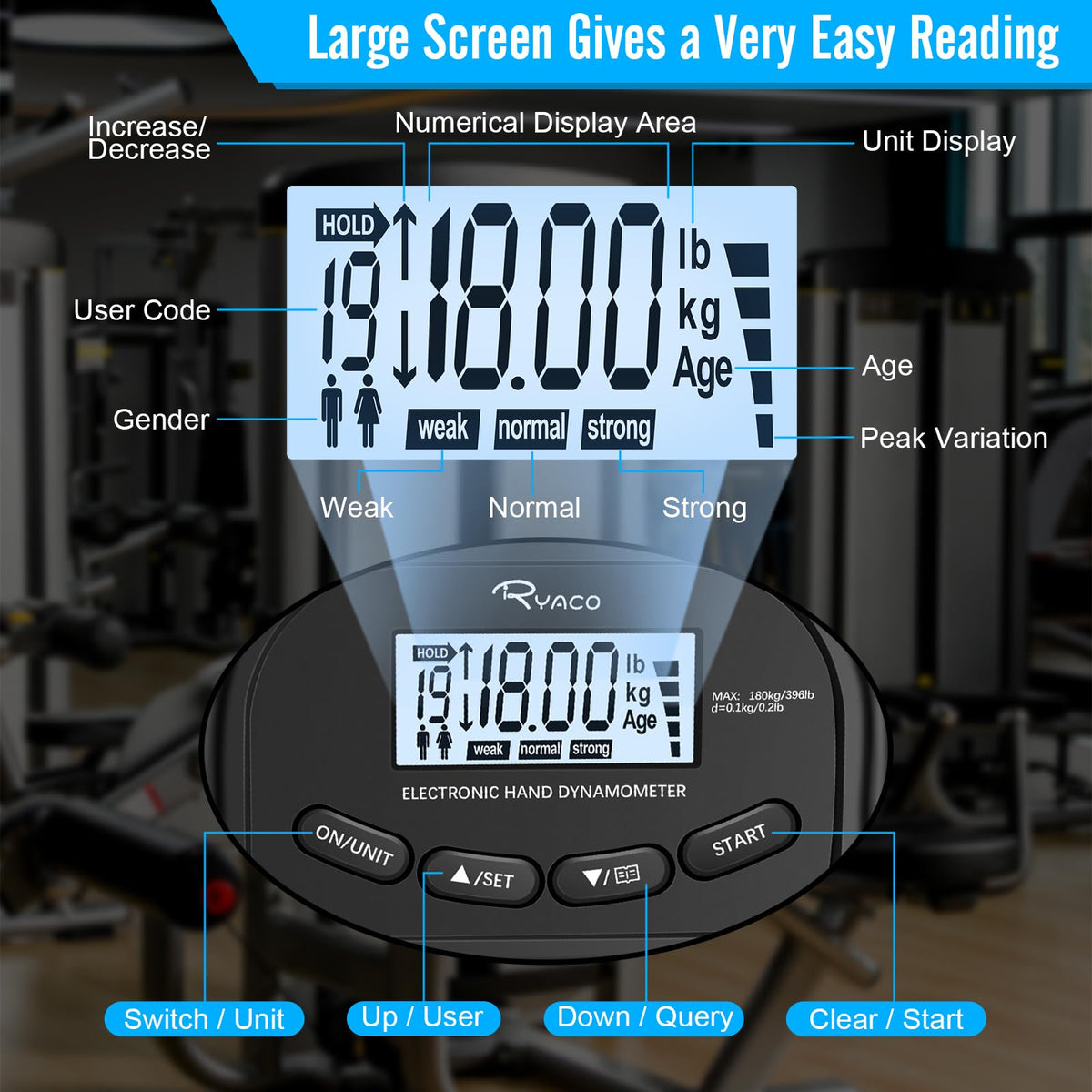 Ryaco Grip Strength Tester With Adjustable Hand Gripper, 396lbs/180kg Digital Hand Dynamometer Grip Strength Trainer Set Electronic Hand Grip Strengthener with LCD Display for Rehab Fitness Home Use
