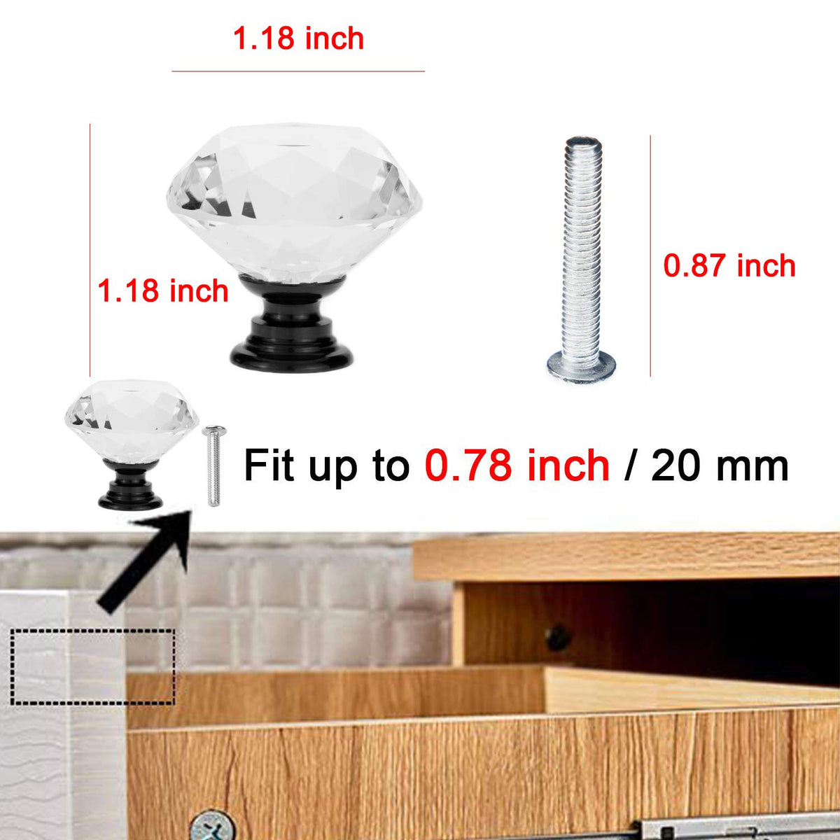 YourGift 12 Pack Drawer Knobs Diamond Shaped Crystal Glass 30mm Cabinet Knobs Pull Handles (Black)