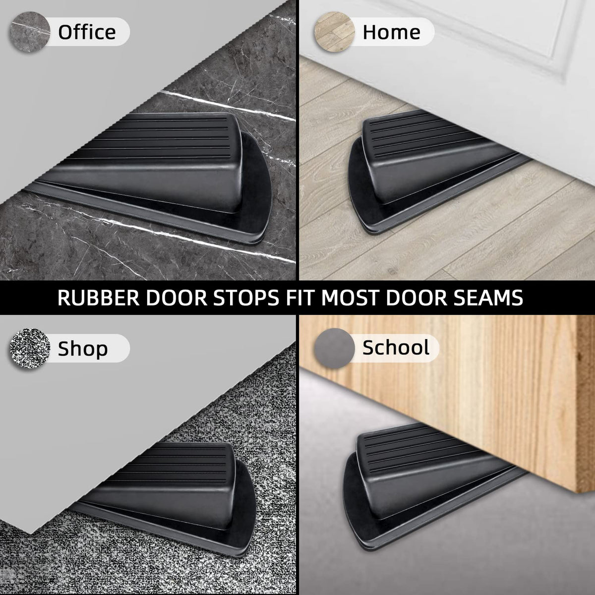 Door Stoppers, 4 Pack Premium Rubber Stoppers Wedge, Stops for Carpet Heavy Duty Door, Bottom of on Tile, Concrete, Carpet, Wooden Floor (Black)