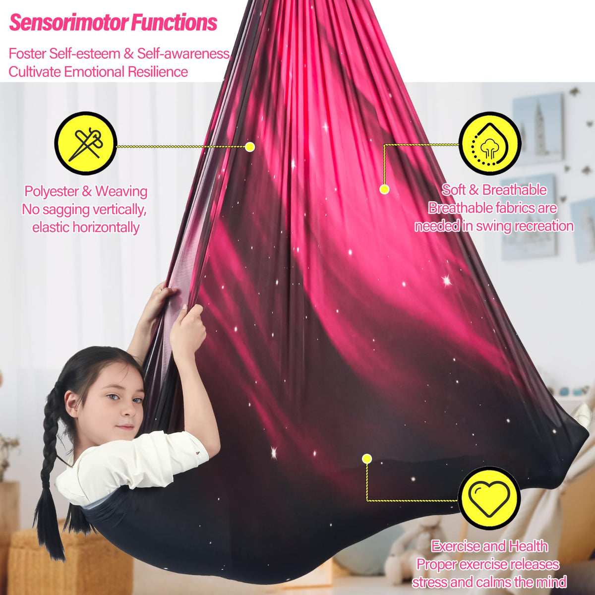 HiChrote Sensory Swing for Kids Holds up to 300lbs Indoor & Outdoor Therapy Cuddle Swing with Hammock Hooks Hanger Kit for Calming, Effect for Autism, ADHD or SPD. (Space Pink)