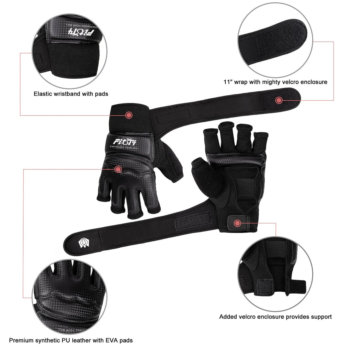 FitsT4 Sports Half Mitts MMA UFC Training Boxing Punch Bag Kickboxing Sparring Grappling Martial Arts Muay Thai Taekwondo Wrist Wraps Support Gloves for Women Men Kids Black L