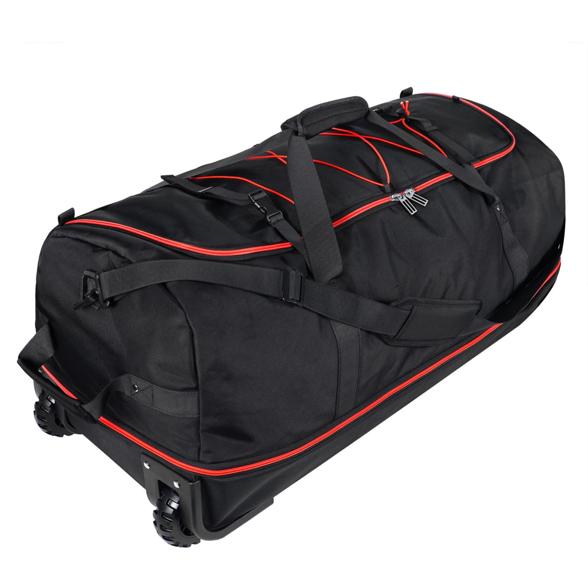 Bagenerous 110L/140L Expandable Soft-Sided Foldable Duffle Bag with 2 Rubber Wheels,Packable 32” Rolling Carry-On with Multi-Pockets & Compartments,Black Red