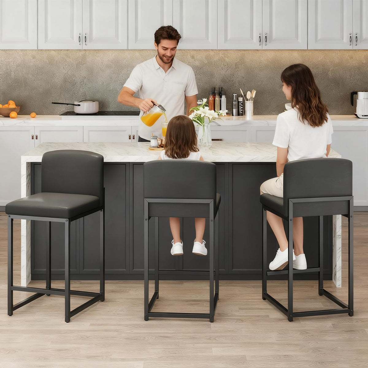 GarveeHome Bar Stools Set of 6, Modern Counter Height Bar Stools with Back and Footrest, Faux Leather Upholstered Barstools Chairs for Kitchen Island Dining Room Bar, Black