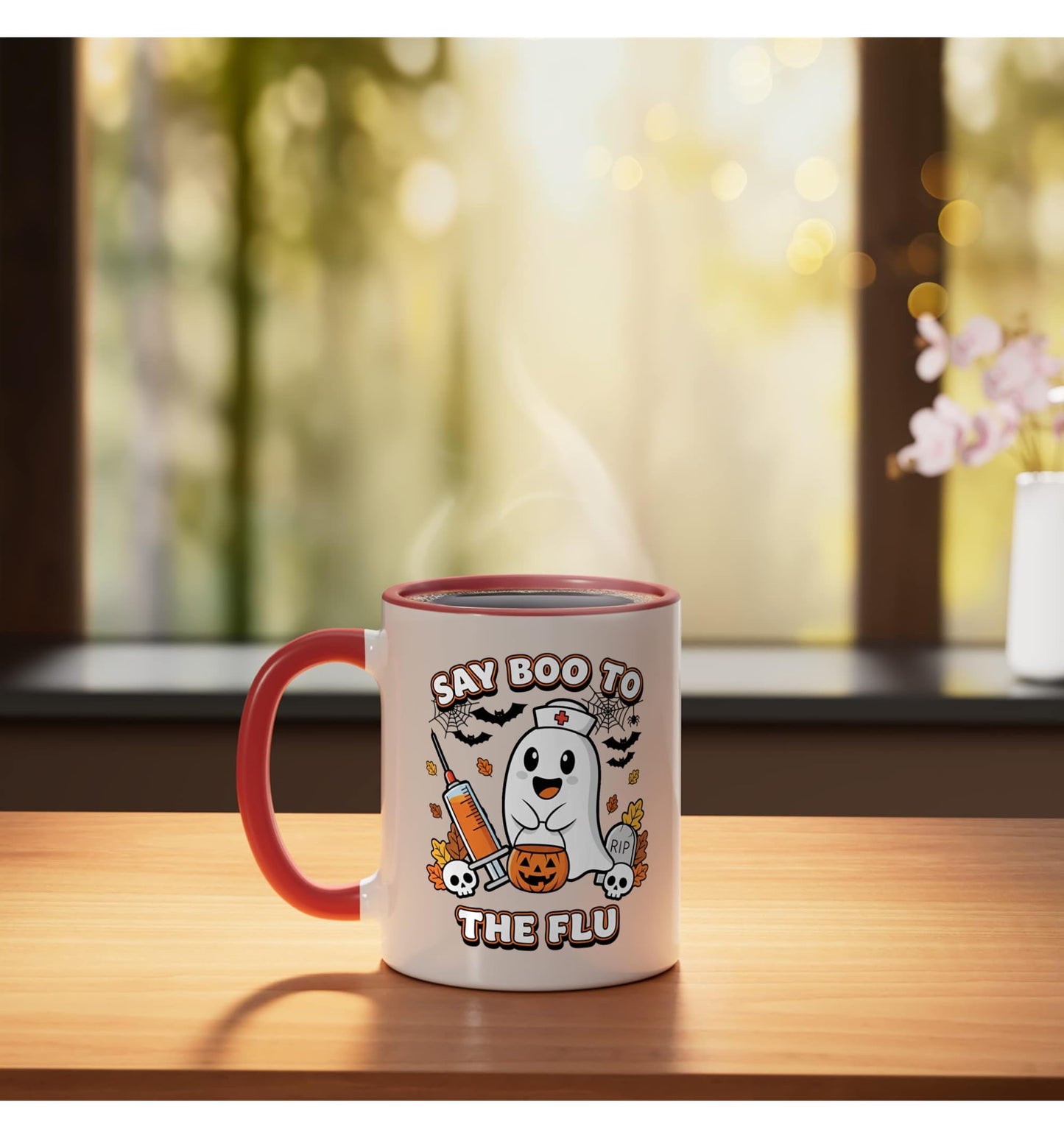 Doctor Say Boo To The Flu Halloween Vaccine Squad Ceramic Mug, Red/White